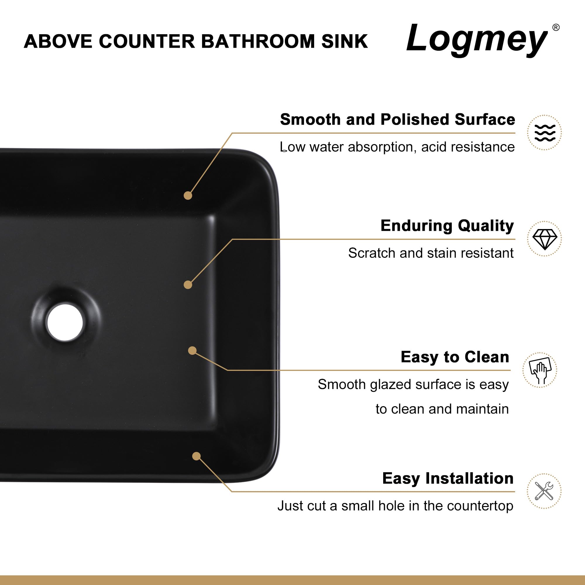 Logmey 19 Inch Black Porcelain Vessel Sink - Modern Rectangular Bathroom Vanity Sink 19x15 Inch, Above Counter Ceramic Art Basin for Contemporary Bathrooms | Perfect for Master Bath, Powder Room & Spa Retreats