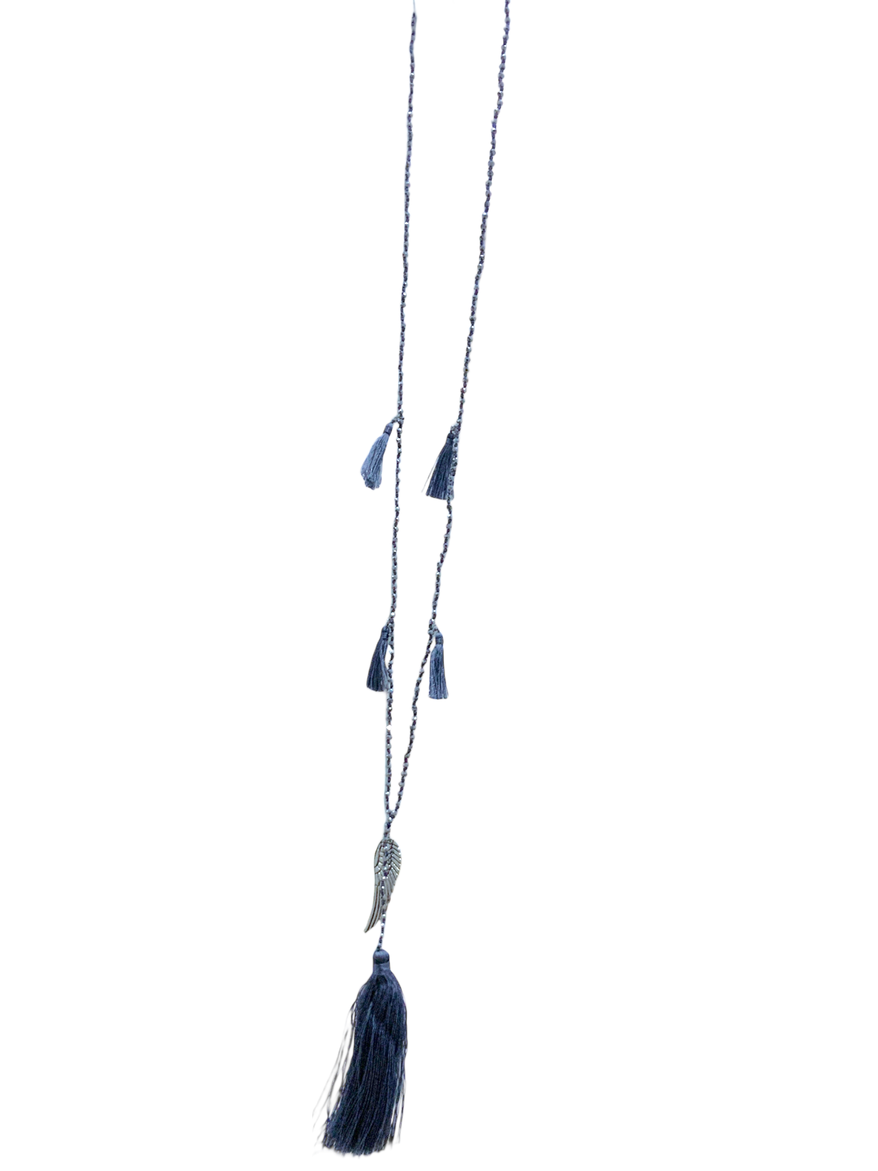 Elegant Grey Crystal Bead Necklace with Tassel & Angel Wing Charm - Perfect for Women's Fashion, Boho Jewelry, and Gift Giving