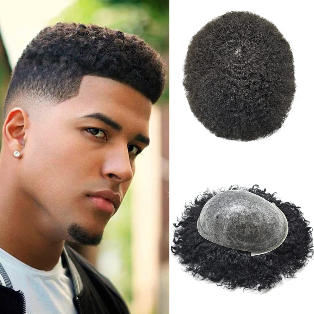 100% Human Hair Afro Toupee for Black Men - Kinky Curly Man Weave Hair Units | African American Hair System | Jet Black 8mm Wave (8