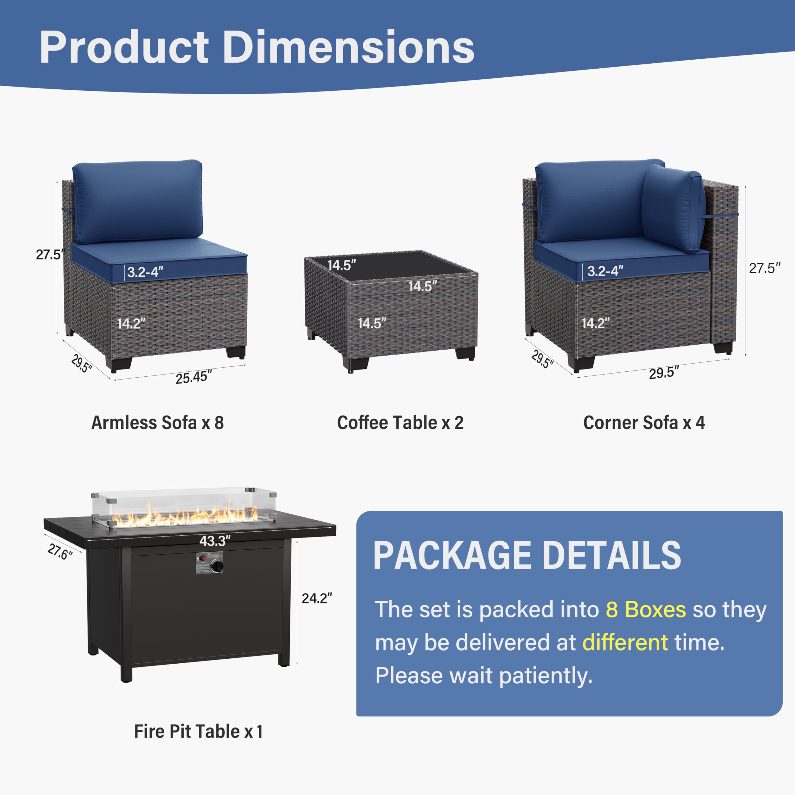**15-Piece Patio Furniture Set with 55,000 BTU Aluminum Fire Pit Table - Brown PE Rattan Wicker Outdoor Conversation Set with 12 Dark Blue Cushions for Backyard, Garden, and Poolside Relaxation**