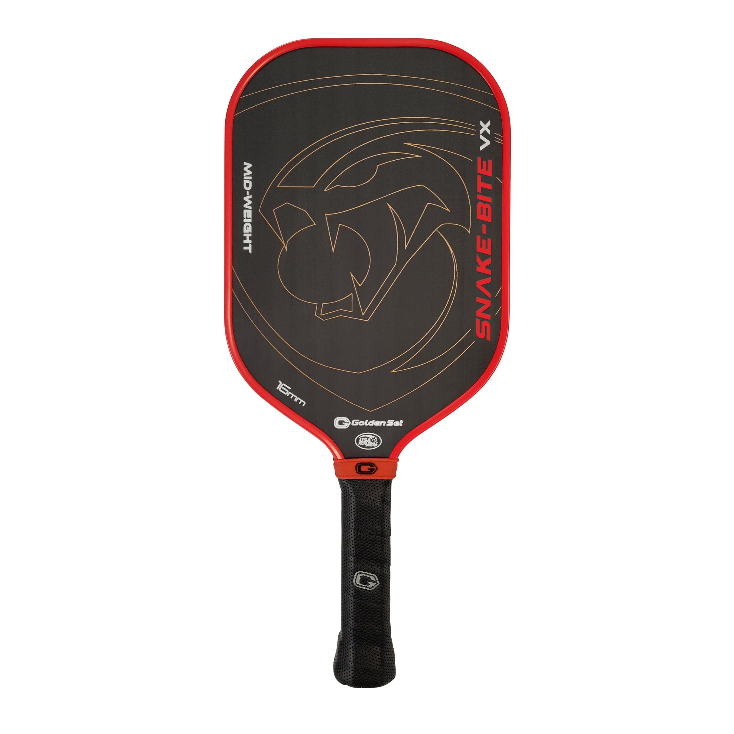 Premium Golden Set Snake-Bite VX Pickleball Paddle - USAP Approved Thermoformed T-700 Carbon Fiber Mid-Weight Paddle for Competitive Play & Tournament Use - Perfect for Outdoor & Indoor Pickleball Games