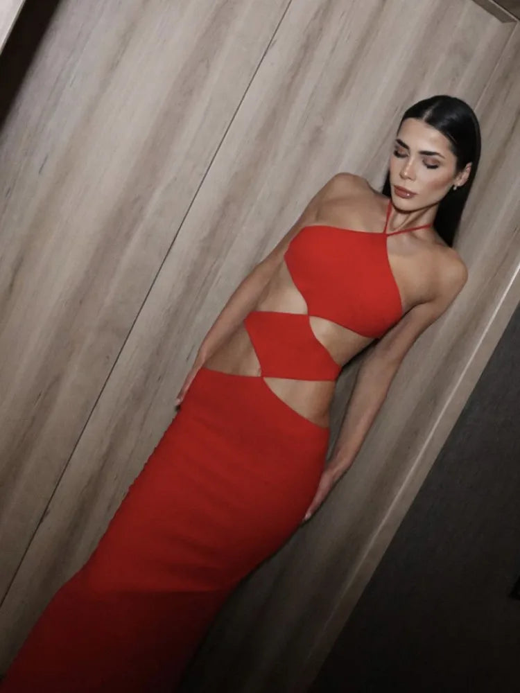 2023 New Summer Red Women's Sexy Halter Cut-Out Bodycon Bandage Long Dress for Birthday, Christmas & Cocktail Parties | Elegant Evening Gown for Club, Date Night & Special Occasions