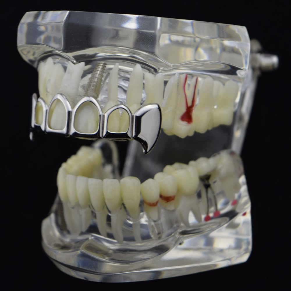 Vampire Fang Grillz - 4 Open Face Silver Tone Upper Teeth Grills for Hip Hop & Halloween Costume - Perfect for Parties, Cosplay, and Music Videos