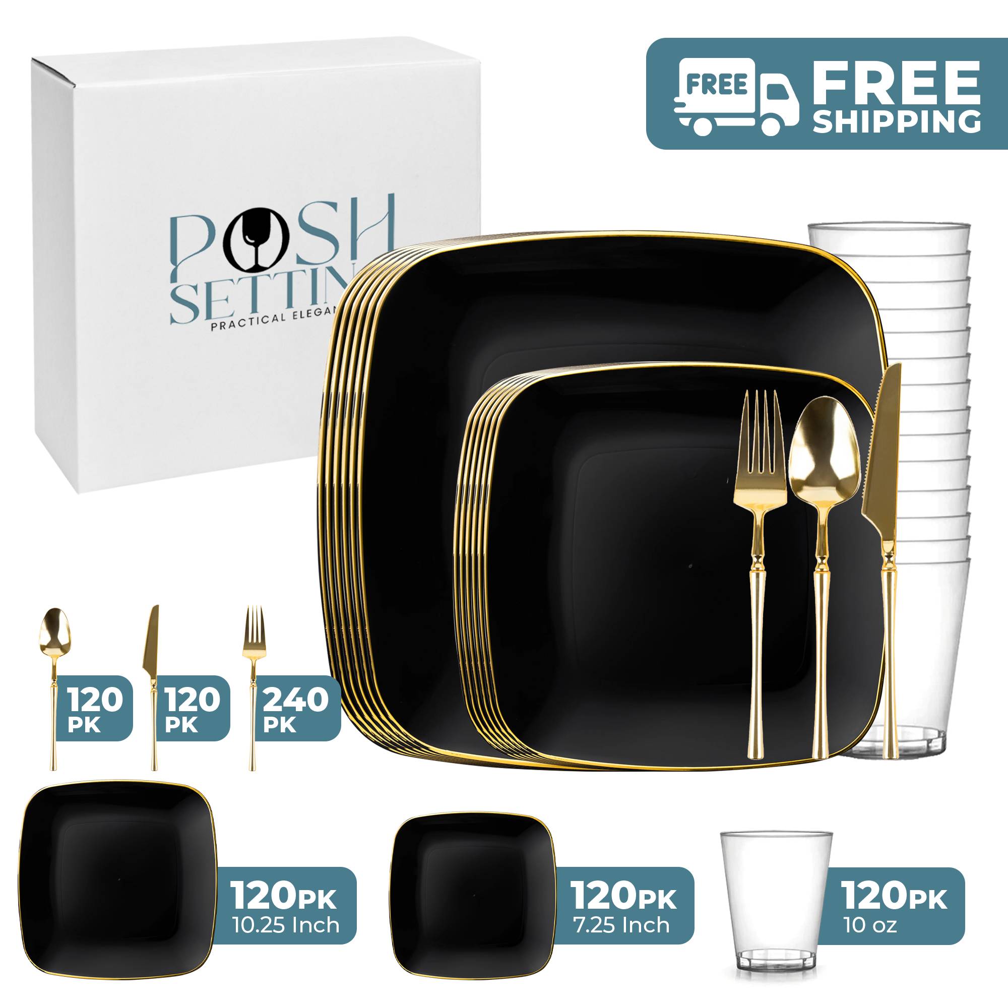Black and Gold Plastic Party Bundle - Classic Square Disposable Plates, Cups, and Cutlery Set for Birthday, Wedding, and Holiday Celebrations