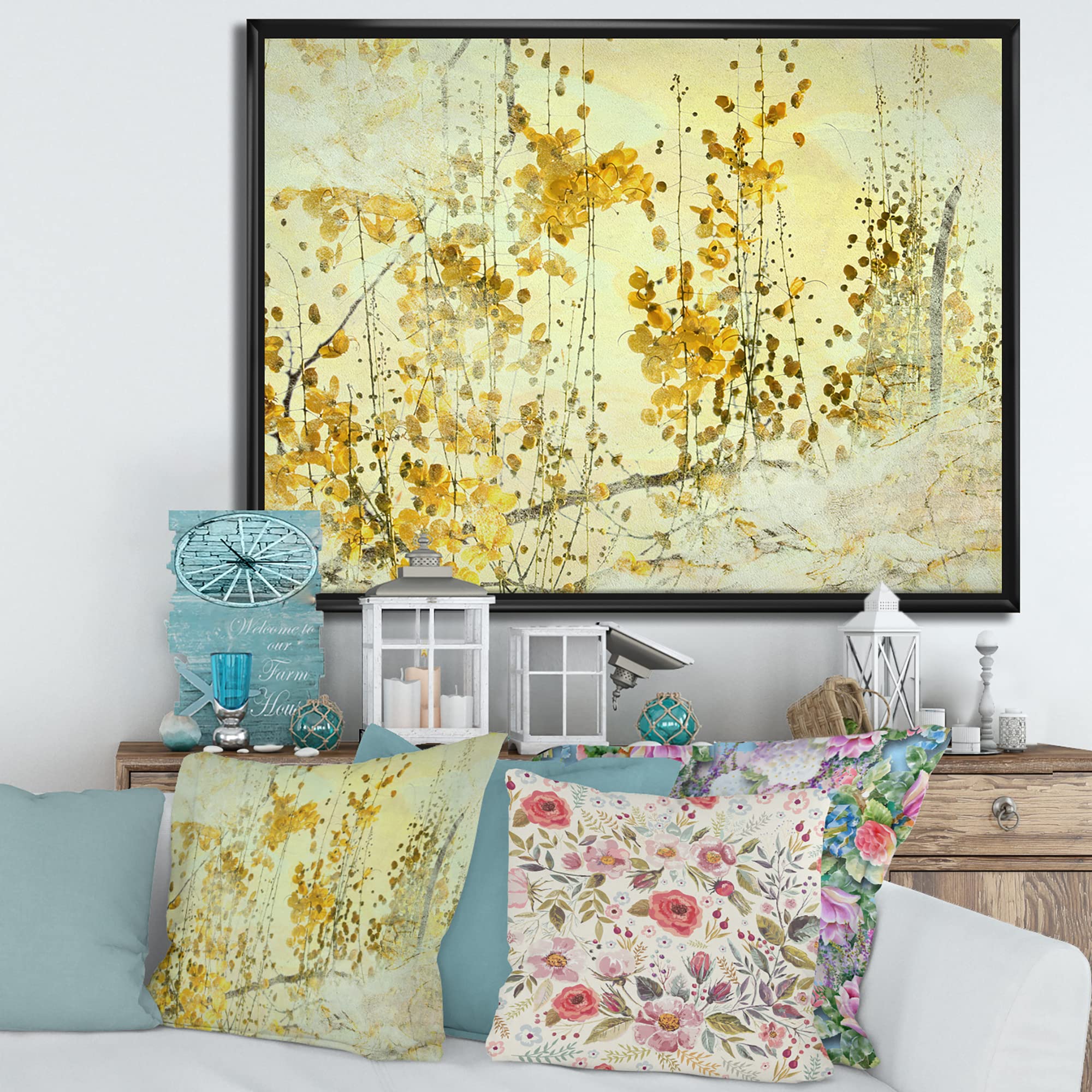 Yellow Flower Grunge Art Print - Modern Framed Canvas Wall Decor for Living Room, Bedroom & Office - Boho Chic Home Decor