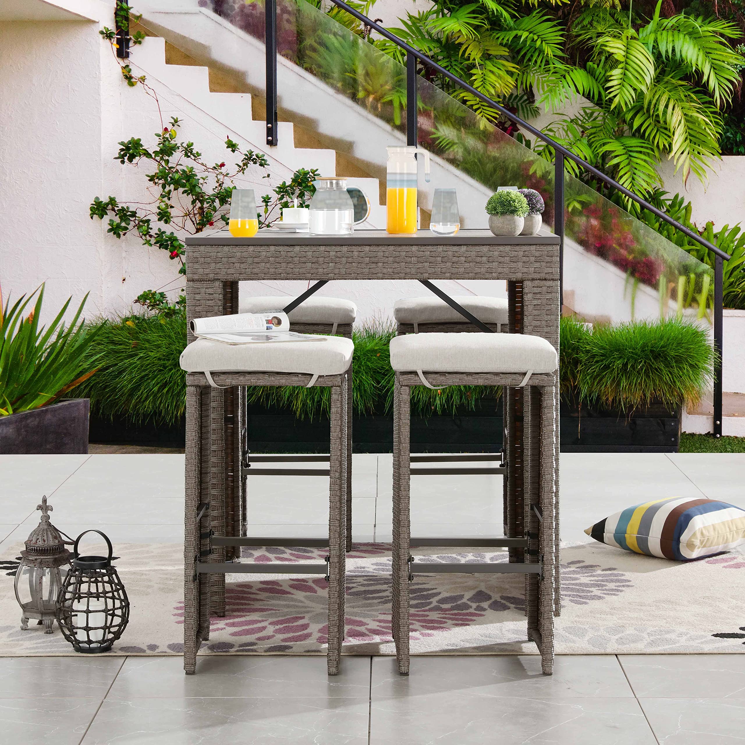 PatioFestival 5-Piece Outdoor Bar Set with Wicker Bar Stools & Table - Space-Saving Patio Furniture with Beige Cushions for Backyard, Porch, Garden or Poolside Dining | Perfect for Entertaining, Relaxing & Outdoor Gatherings