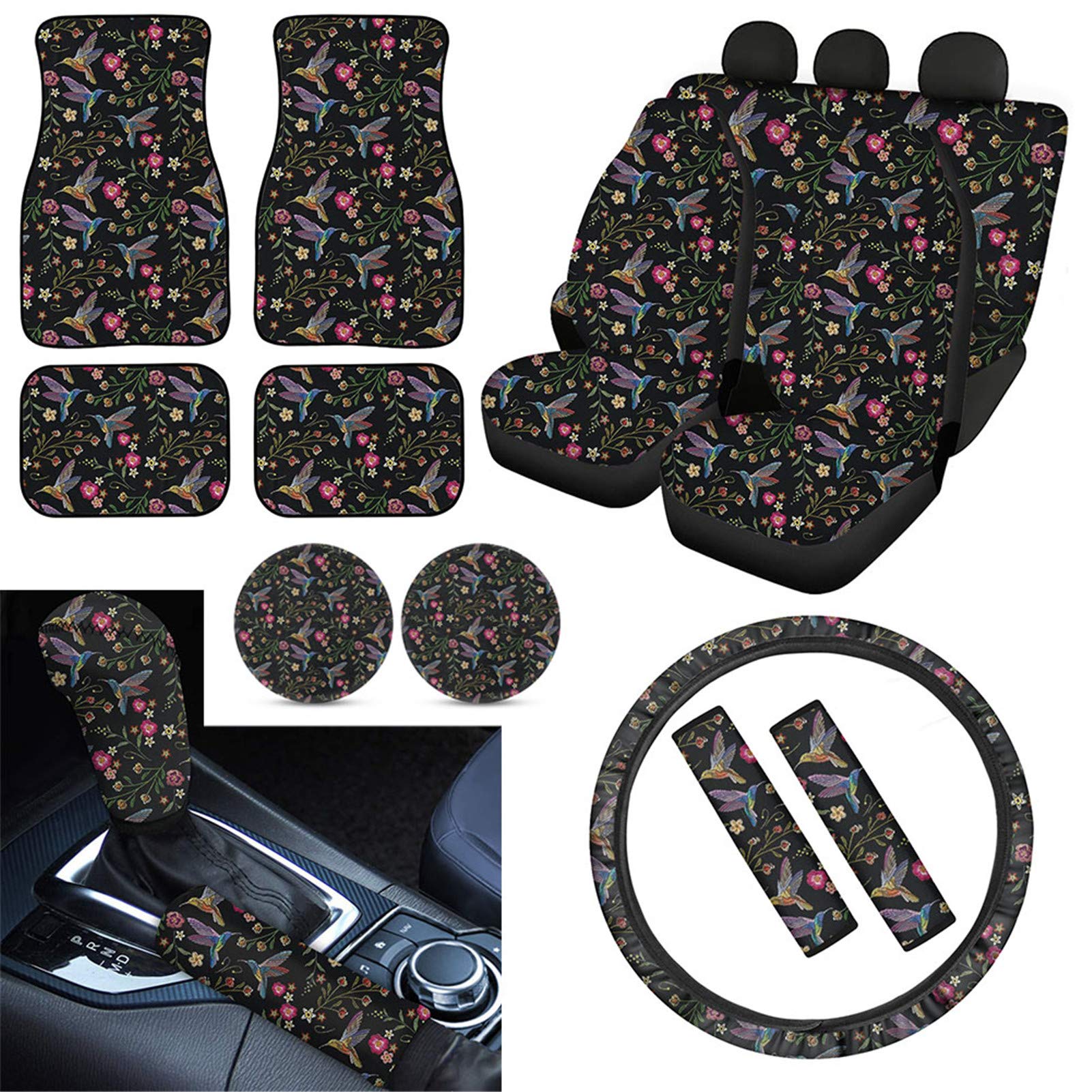 Belidome Hummingbird Floral Car Accessories Set - Universal Seat Covers, Steering Wheel Cover, Seat Belt Pads, Floor Mats & Shift Knob Cover | Car Interior Decor & Protection for Sedans, SUVs & Trucks