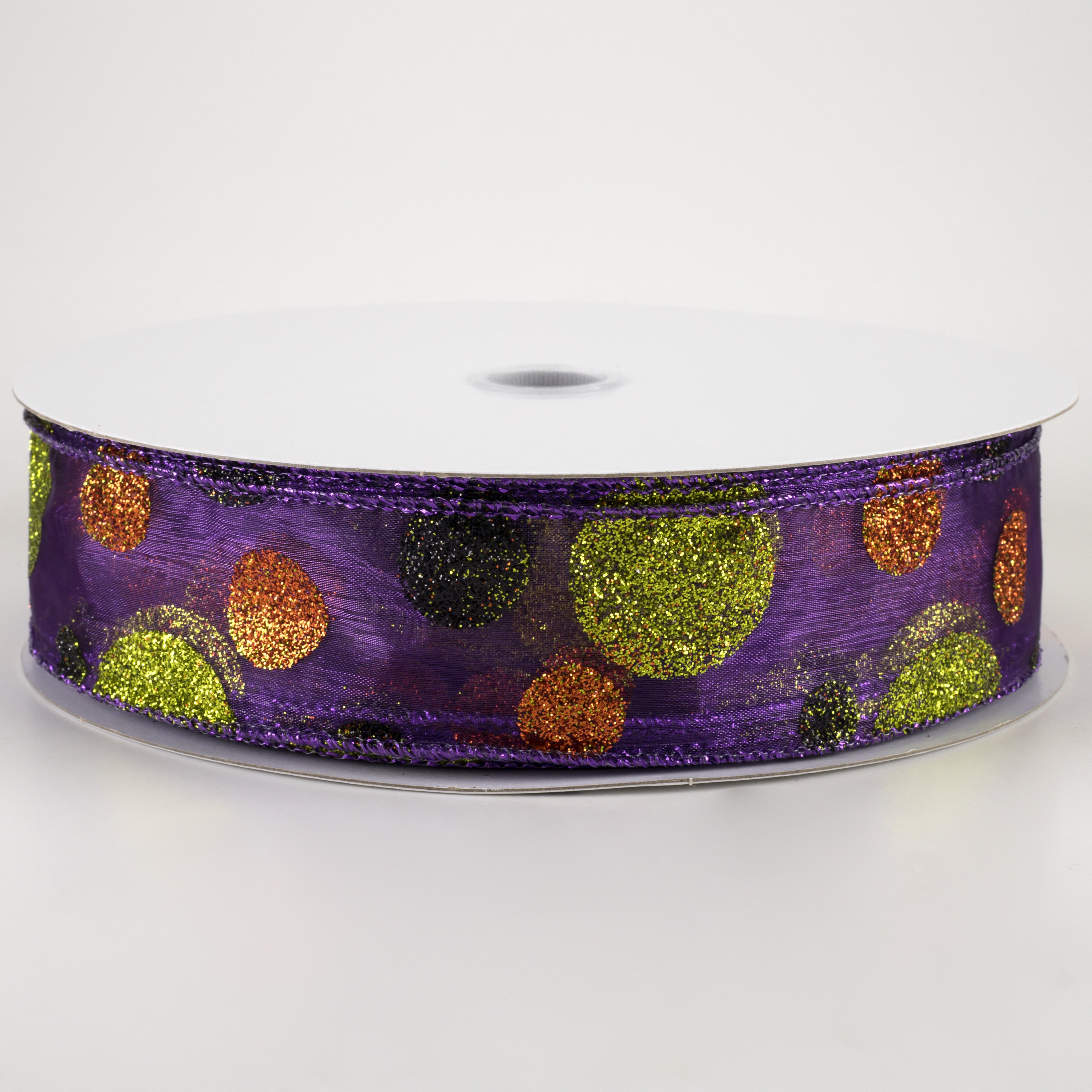 1.5 Inch Glittered Purple Sheer Ribbon with Halloween Dots - 50 Yards Bulk Roll for Gift Wrapping, Party Decorations, and DIY Crafts
