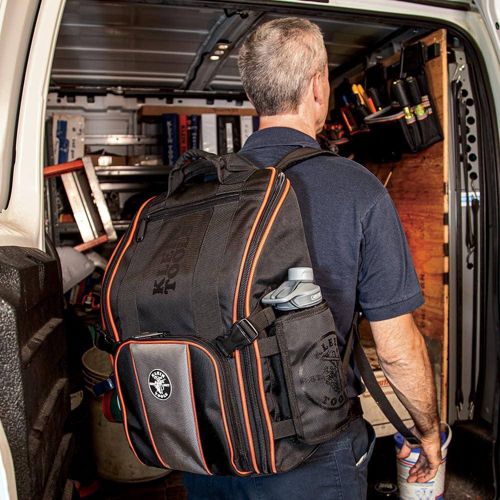 **KLEIN TOOLS 55655 Tradesman Pro Tool Backpack - 21 Pockets, Large Storage, Built-in Flashlight & Work Light - Perfect for Electricians, Contractors & DIY Projects**