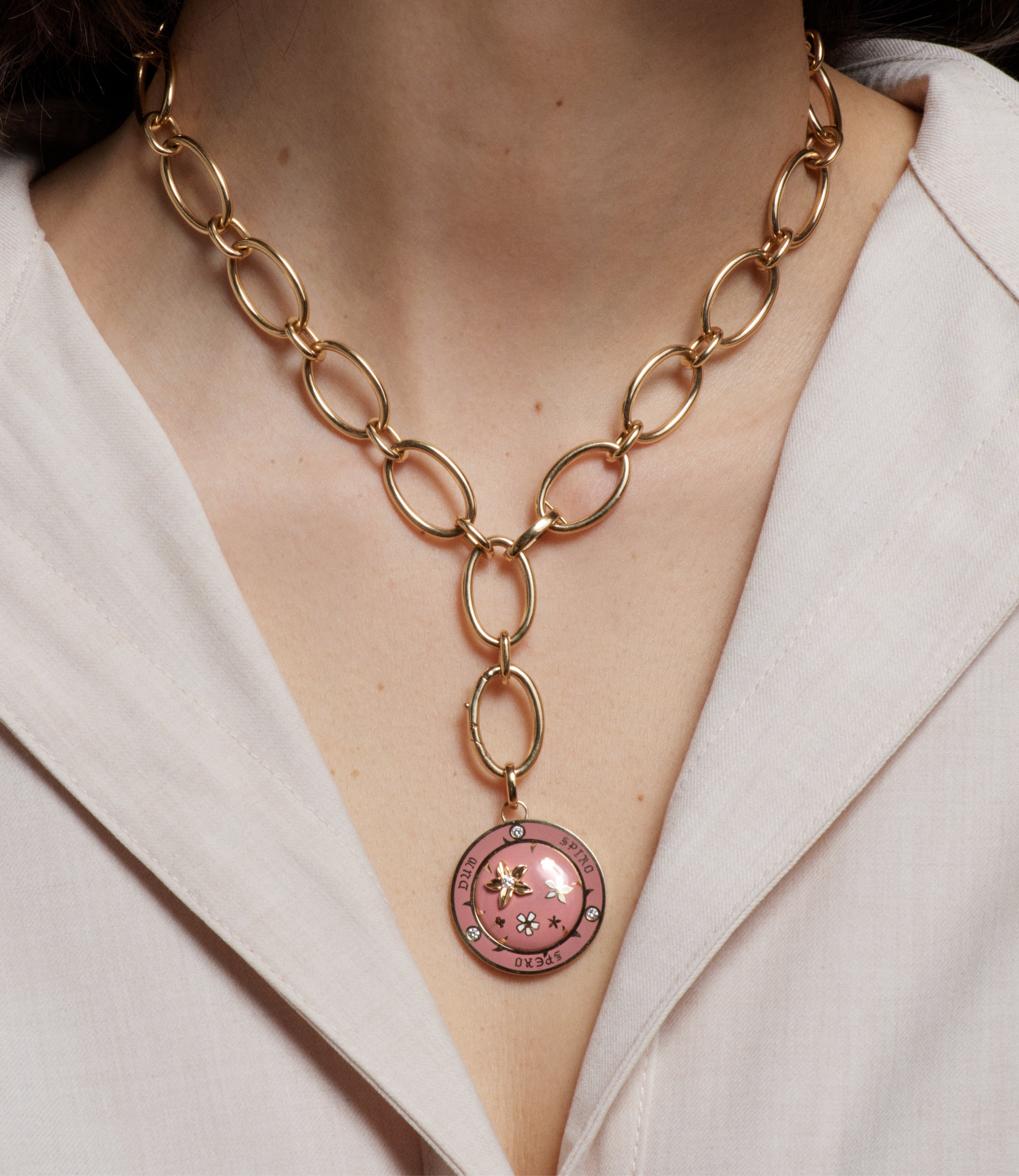 Resilient Oval Link Necklace - 14K Yellow Gold with Rose Ceramic Pendant for Women | Elegant Everyday Jewelry Gift for Her | Perfect for Date Nights, Anniversaries & Special Occasions