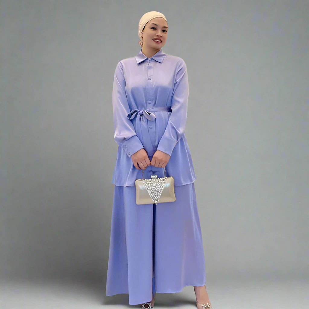 2-Piece Muslim Women's Satin Prayer Outfit Set - Modest Long Sleeve Top & Flowy Skirt Suit for Eid, Ramadan & Daily Wear