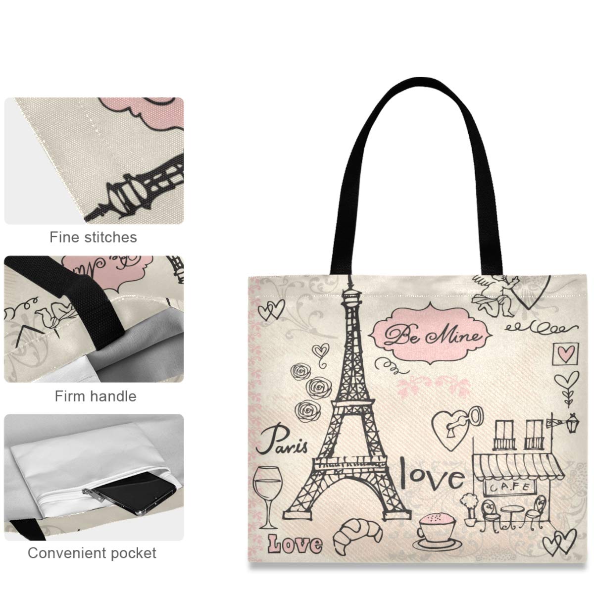 Visesunny Women's Extra Large Tote Bag with Eiffel Tower Design - Paris Love Shoulder Bag for Beach, Travel, Grocery Shopping & Daily Use - Durable Reusable Storage Handbag for Women
