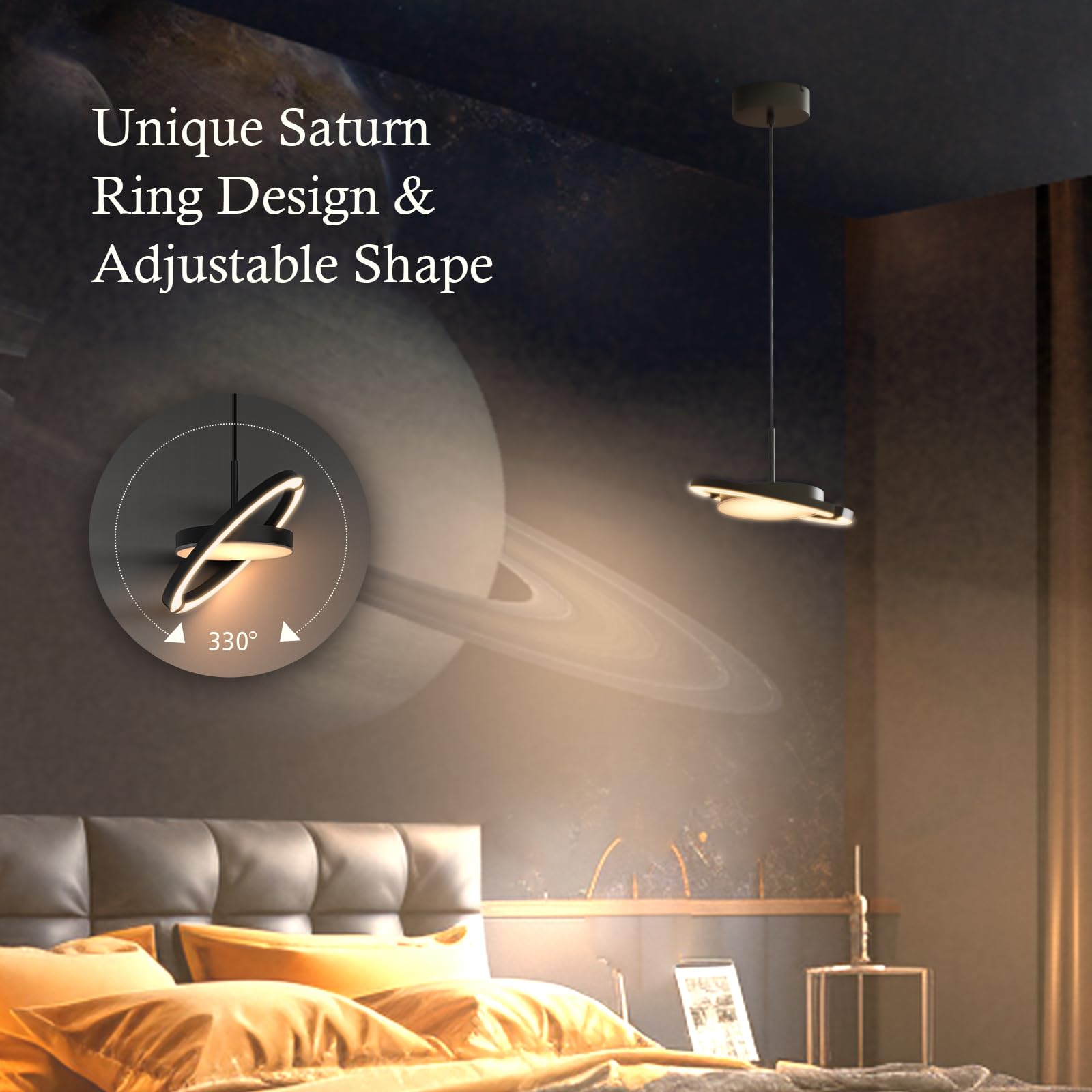 FIMEI LED Pendant Light Fixture - Dimmable 3000-6000K Adjustable Hanging Chandelier with Saturn Ring Design for Dining Room, Kitchen Island, Living Room, Bedroom & Entryway - Modern Lighting for Home Decor & Interior Design