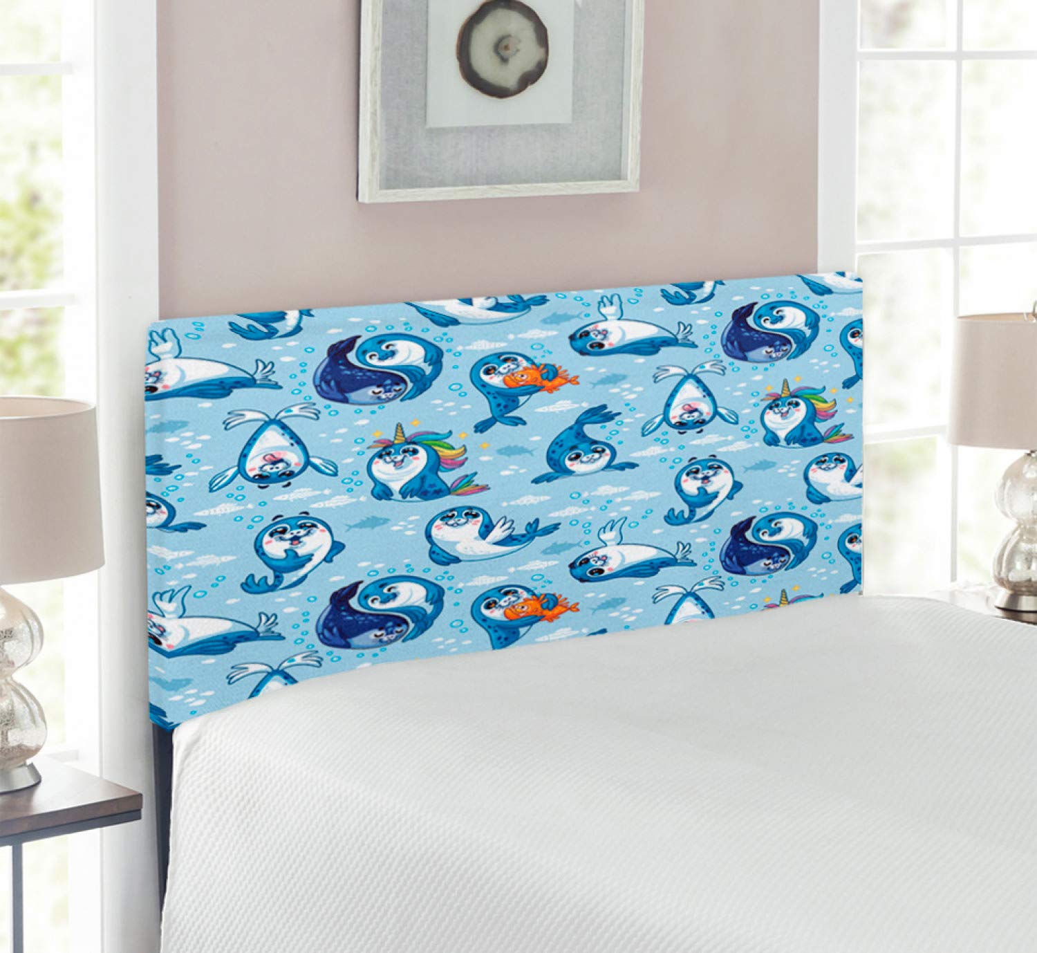 Ambesonne Sea Animals Headboard - Seal Pup Aquatic Wildlife Design with Water Bubbles, Upholstered Decorative Metal Bed Headboard with Memory Foam, Twin Size, Blue White Marigold - Perfect for Kids' Bedrooms & Ocean-Themed Decor