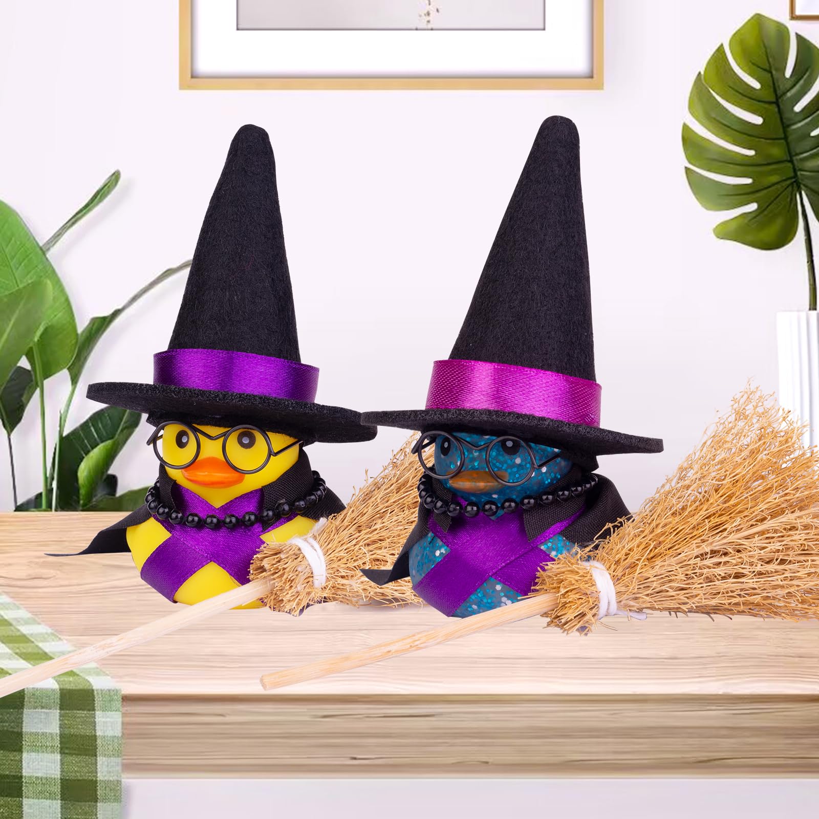 Funny Car Rubber Duck Ornament with Mini Witch Hat, Sunglasses & Necklace - Cute Dashboard Decor for Winter & Halloween - Perfect Gift for Car Lovers & Duck Collectors (Great for Office Desk, Party Favors & Themed Events)