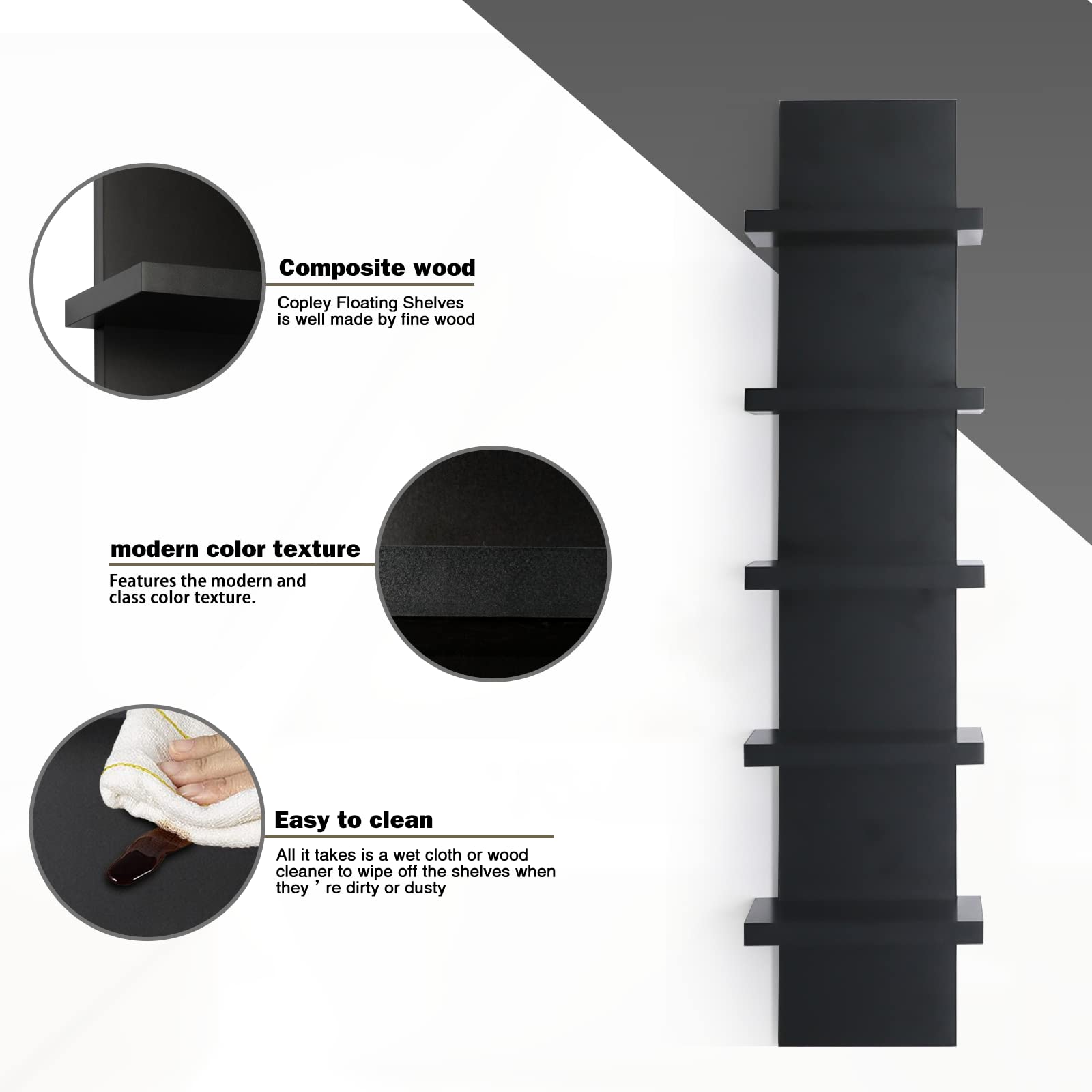 5 Tier Black Wall Shelves - Vertical Floating Storage Shelf for Home Decor & Organization - Perfect for Bedroom, Living Room & Office - 30.7 Inch Space-Saving Design - Ideal for Books, Plants, Photos & Decorative Items
