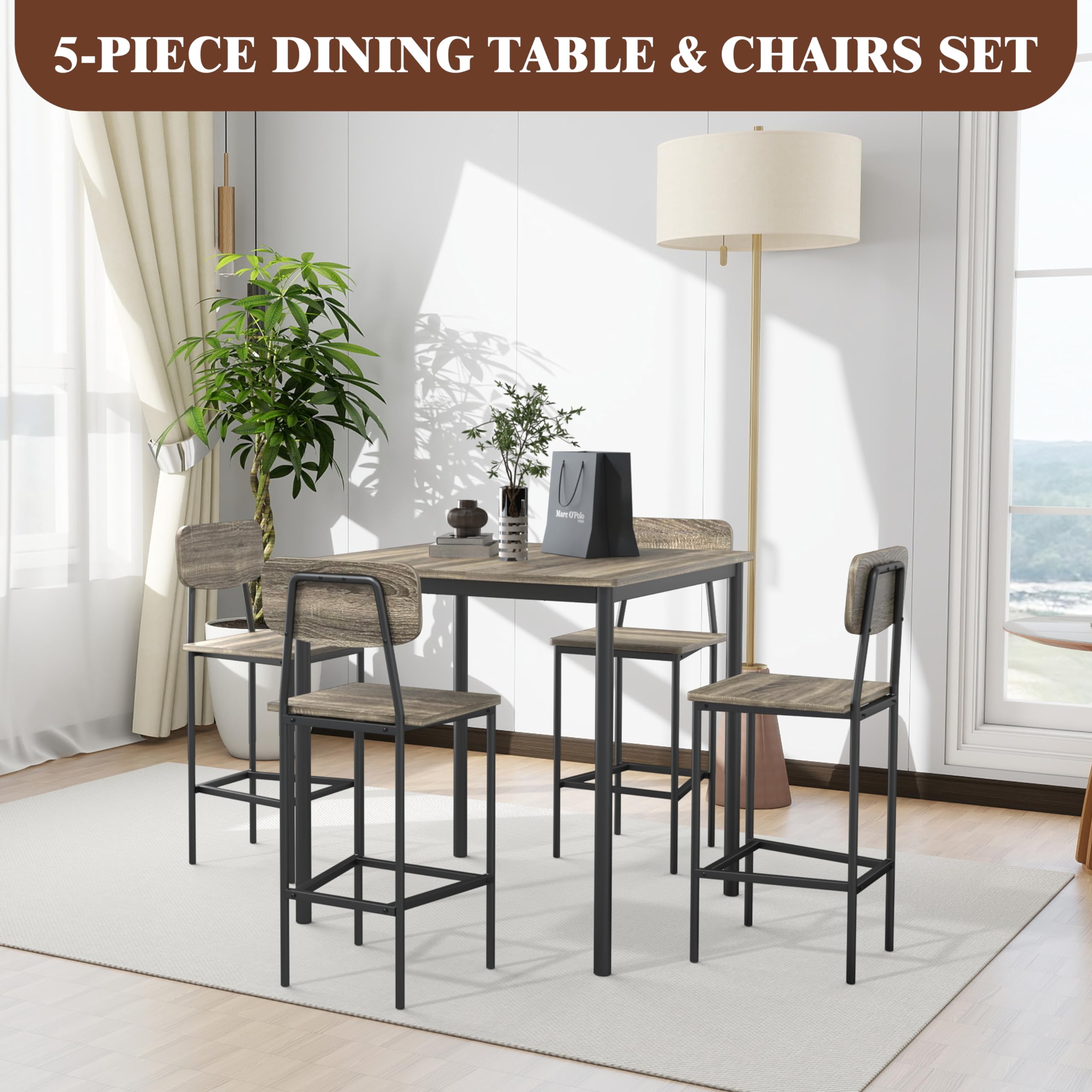 4-Piece Industrial Kitchen Table and Chairs Set - Space Saving Dining Table Set for Family Dinners & Parties (Gray) | Perfect for Small Spaces, Breakfast Nooks & Modern Farmhouse Decor