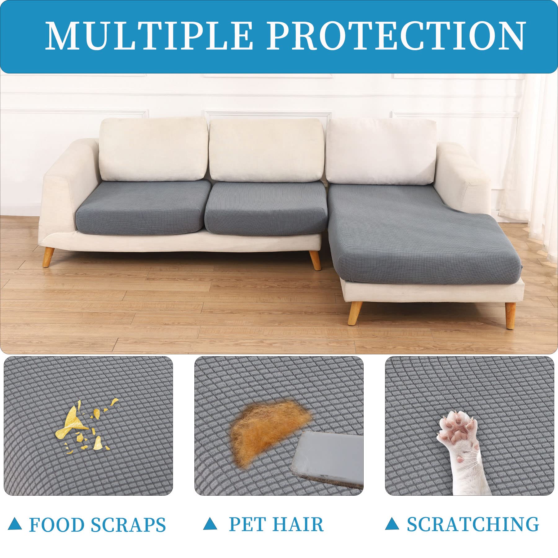 MINJIATEX L-Shaped 3-Piece Stretch Sectional Sofa Cover - Washable Furniture Protector for Pets & Dogs, Fits 2 Seater + Chaise (Grey) - Perfect for Living Room, Family Room & Pet-Friendly Homes