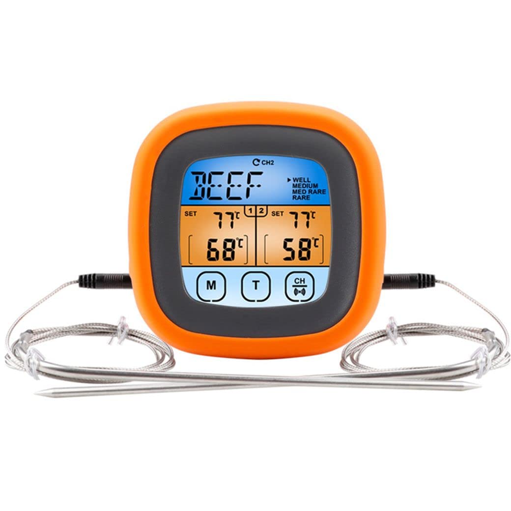 Wireless Touch Screen Digital Meat Thermometer - Dual Probe Food Thermometer with Large LCD Display, Backlight, Long Probe & Kitchen Timer for Grilling, Smoking, Baking & Cooking