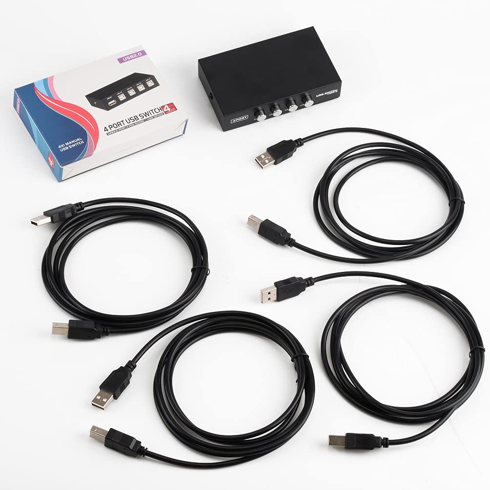 4-Port USB 2.0 Printer Sharing Switch Hub with 4 USB A to B Cables - Manual USB Switch for Multiple Printers & Scanners - Perfect for Office, Home & Small Business Setup