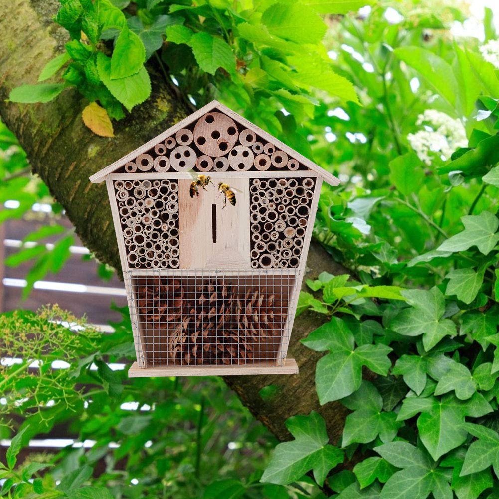 Natural Pine Wood Bee House - Non-Toxic Insect Hotel Shelter for Beekeeping & Garden Decoration | Handcrafted Bee Hive for Outdoor Pollinator Habitat & Backyard Wildlife Conservation