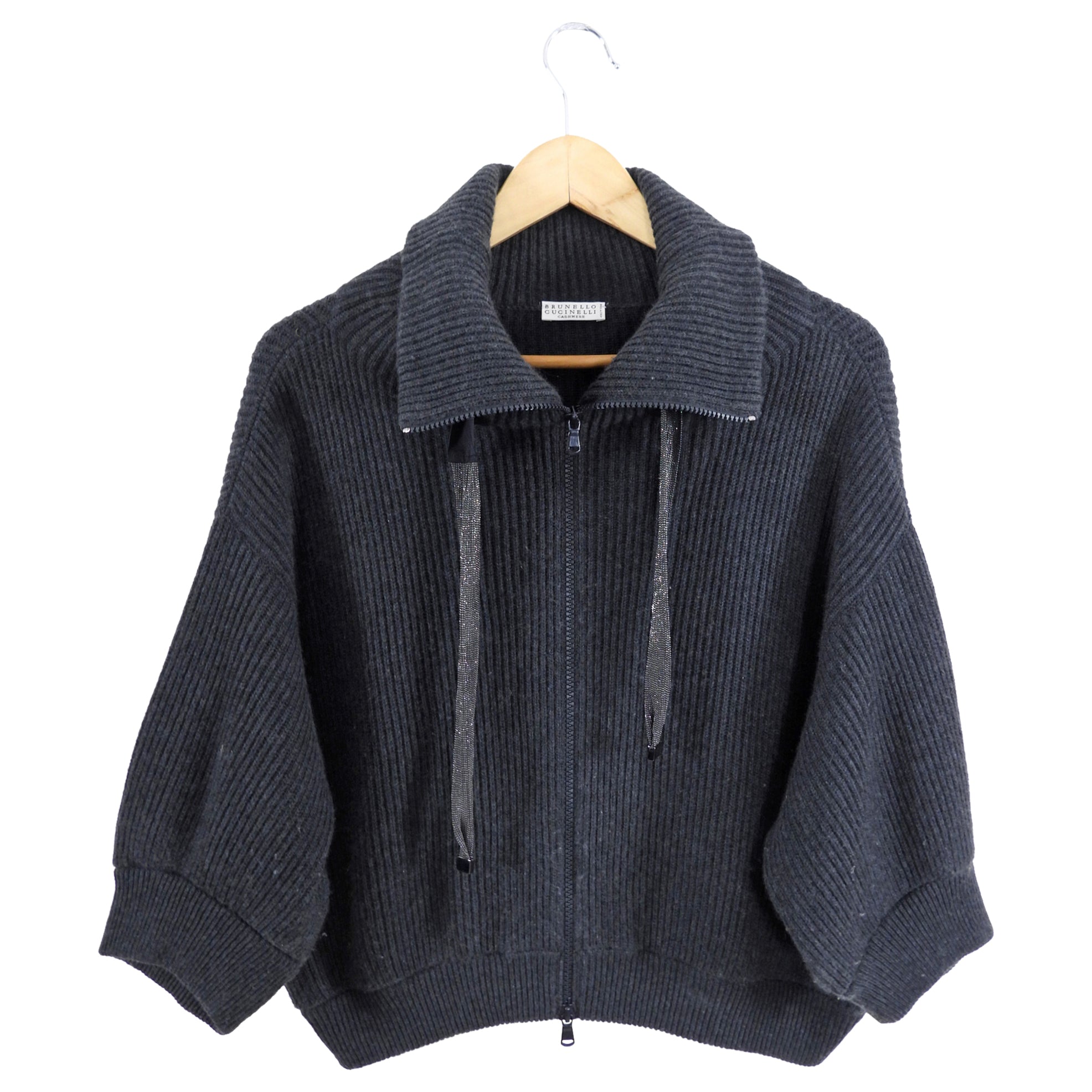 Brunello Cucinelli Grey Monili Cashmere Zip Cardigan Sweater for Women - Soft Luxury Knitwear XS - Perfect for Office, Travel & Casual Outfits