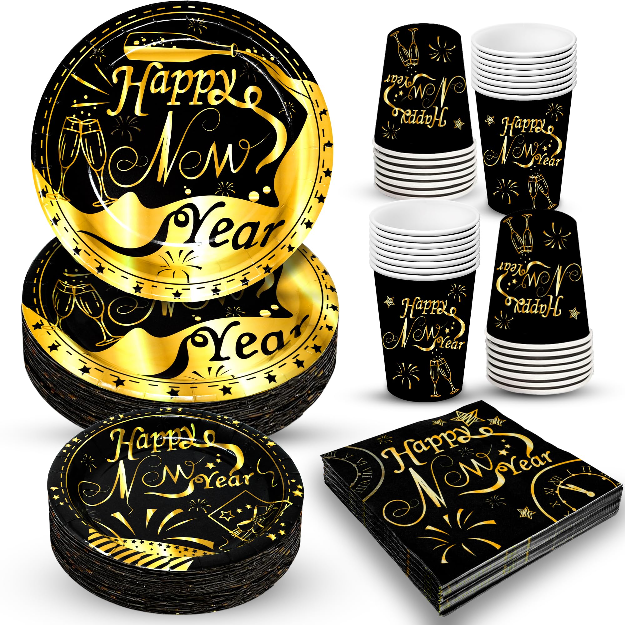 KatchOn New Year's Eve Party Plates & Napkins Set - 16-Piece Disposable Dinnerware for 2025 NYE Celebrations | Happy New Year Decorations & Party Supplies - Perfect for Countdown Parties, Family Gatherings & Festive Events