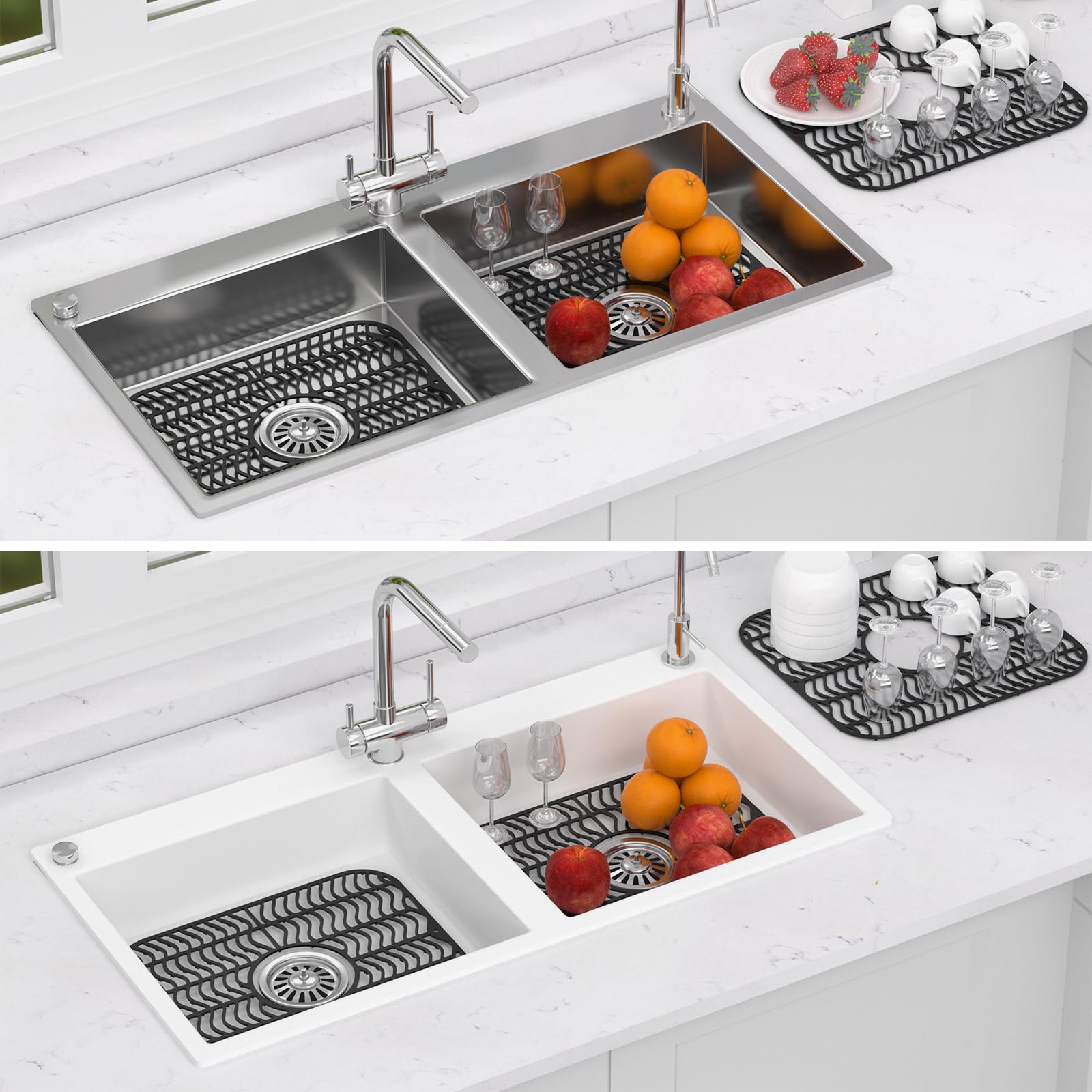 TOOVEN 2-Pack Non-Slip Heat Resistant Silicone Kitchen Sink Mats - 13.58 x 11.6 Inch Farmhouse Sink Protectors for Stainless Steel & Porcelain Sinks - Perfect for Dishwashing, Food Prep & Protecting Sink Bottom