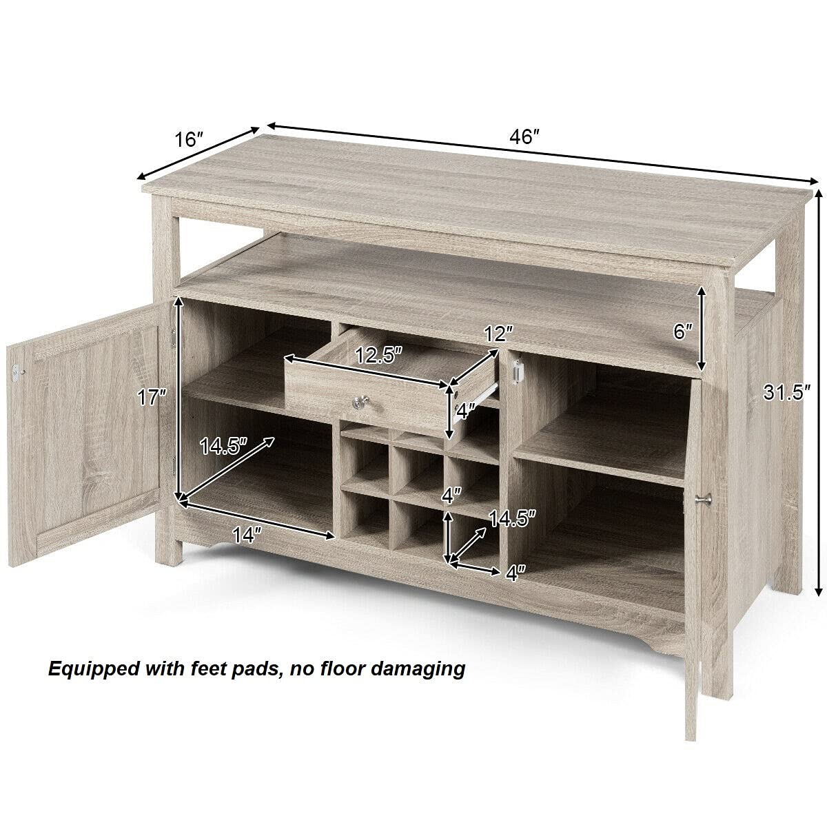 Grey Wooden Buffet Server Sideboard Console Table - 9 Wine Bottle Storage, 2 Cabinets & 1 Drawer - Kitchen Pantry Organizer for Dining Room, Living Room & Home Decor - Compact Open Shelf for Dishware, Utensils & Kitchenware Storage