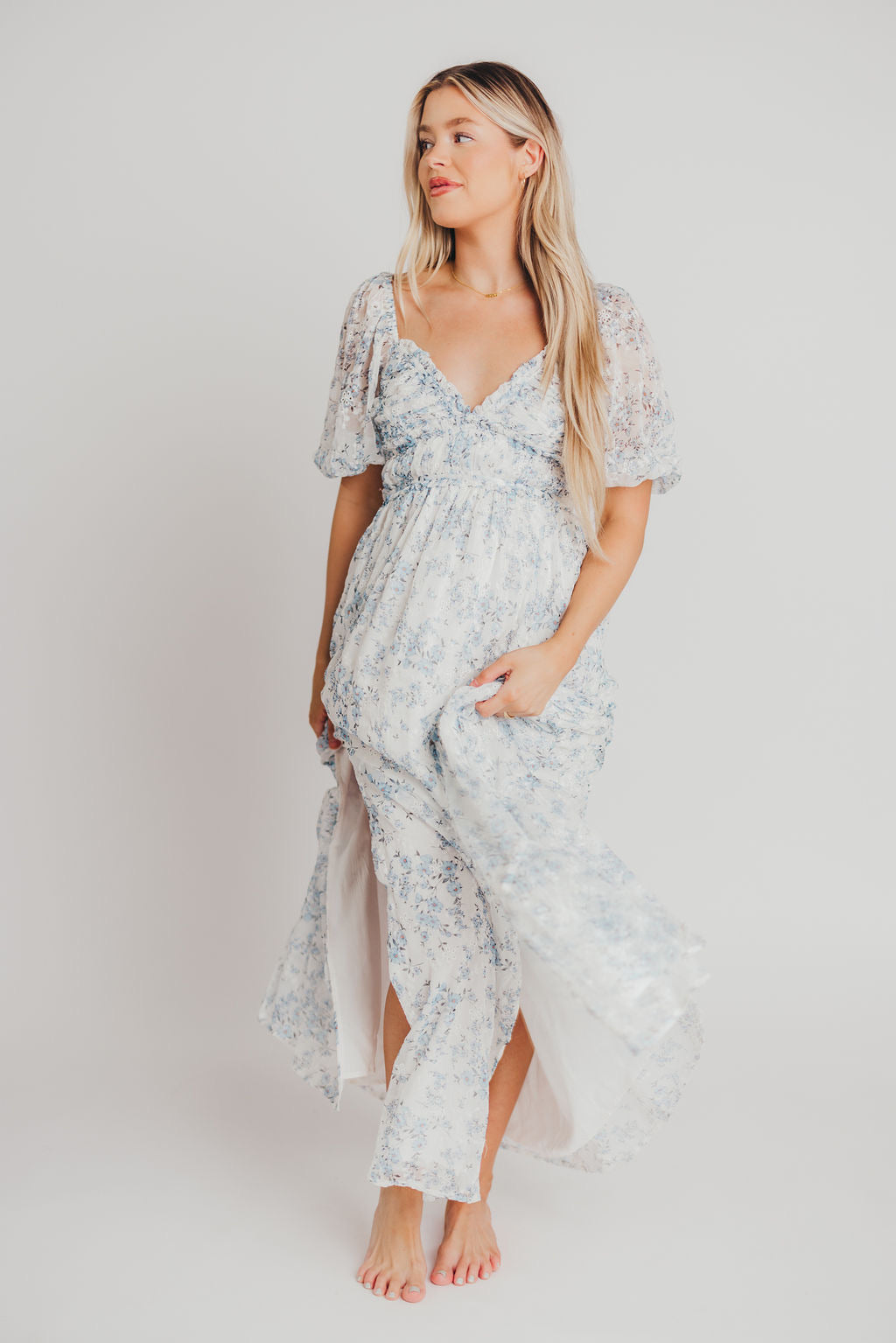 Blue and White Floral Daphne High Slit Eyelet Detail Maxi Dress - Plus Size & Inclusive Sizing - Perfect for Beach Vacations, Summer Parties & Boho Weddings