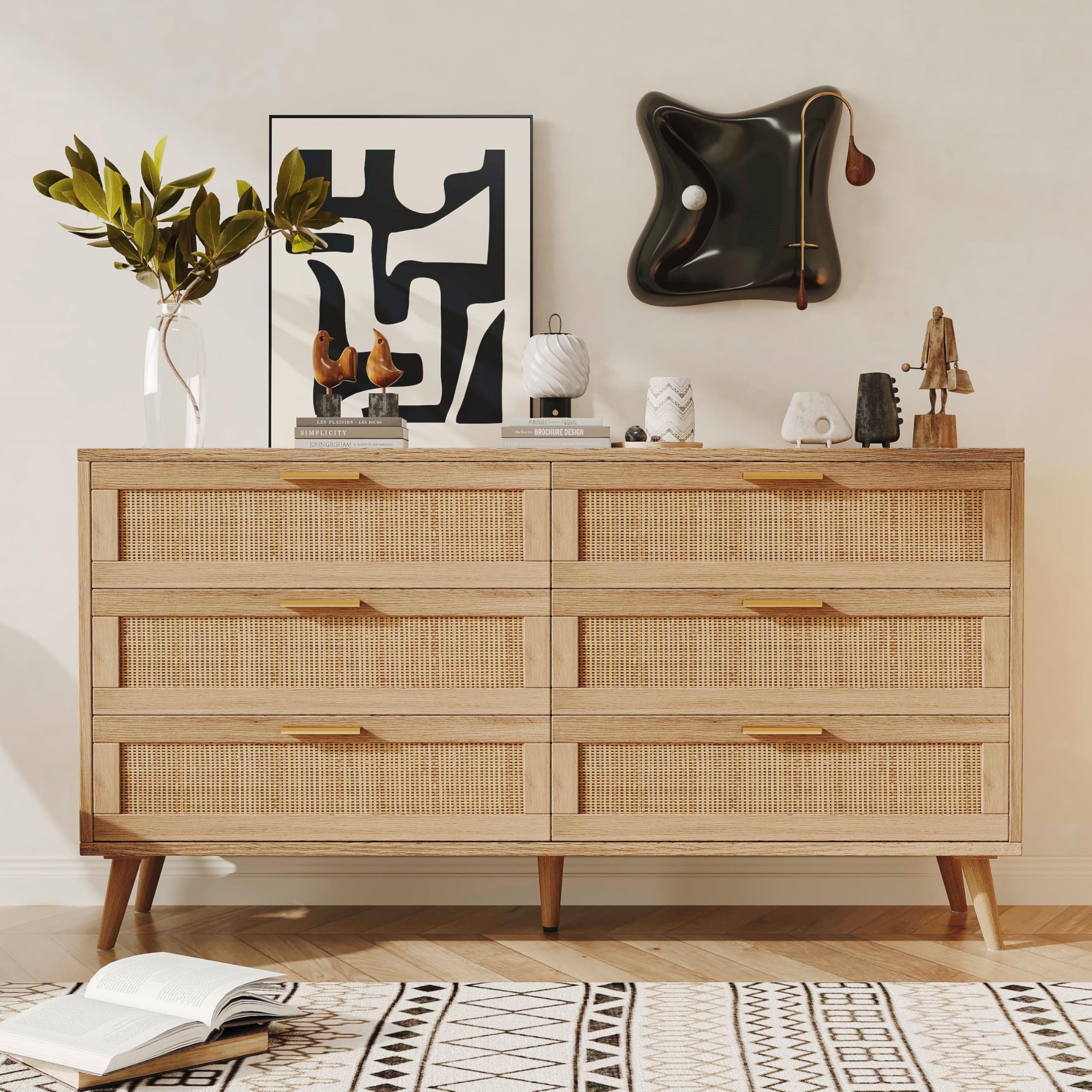 Rovaurx 6-Drawer Double Dresser for Bedroom - Modern Rattan Wooden Chest with Gold Handles, Storage Organizer for Closet, Living Room & Entryway - Natural Finish | Perfect for Bedroom Storage, Guest Room Furniture & Home Organization