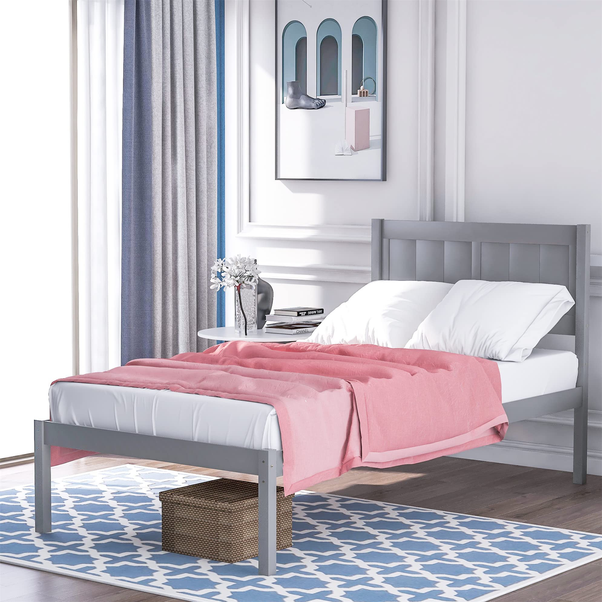 MERITLINE Twin Platform Bed Frame - Solid Wood Bed with Headboard in Gray | Sturdy & Modern Design for Kids, Teens & Guest Rooms