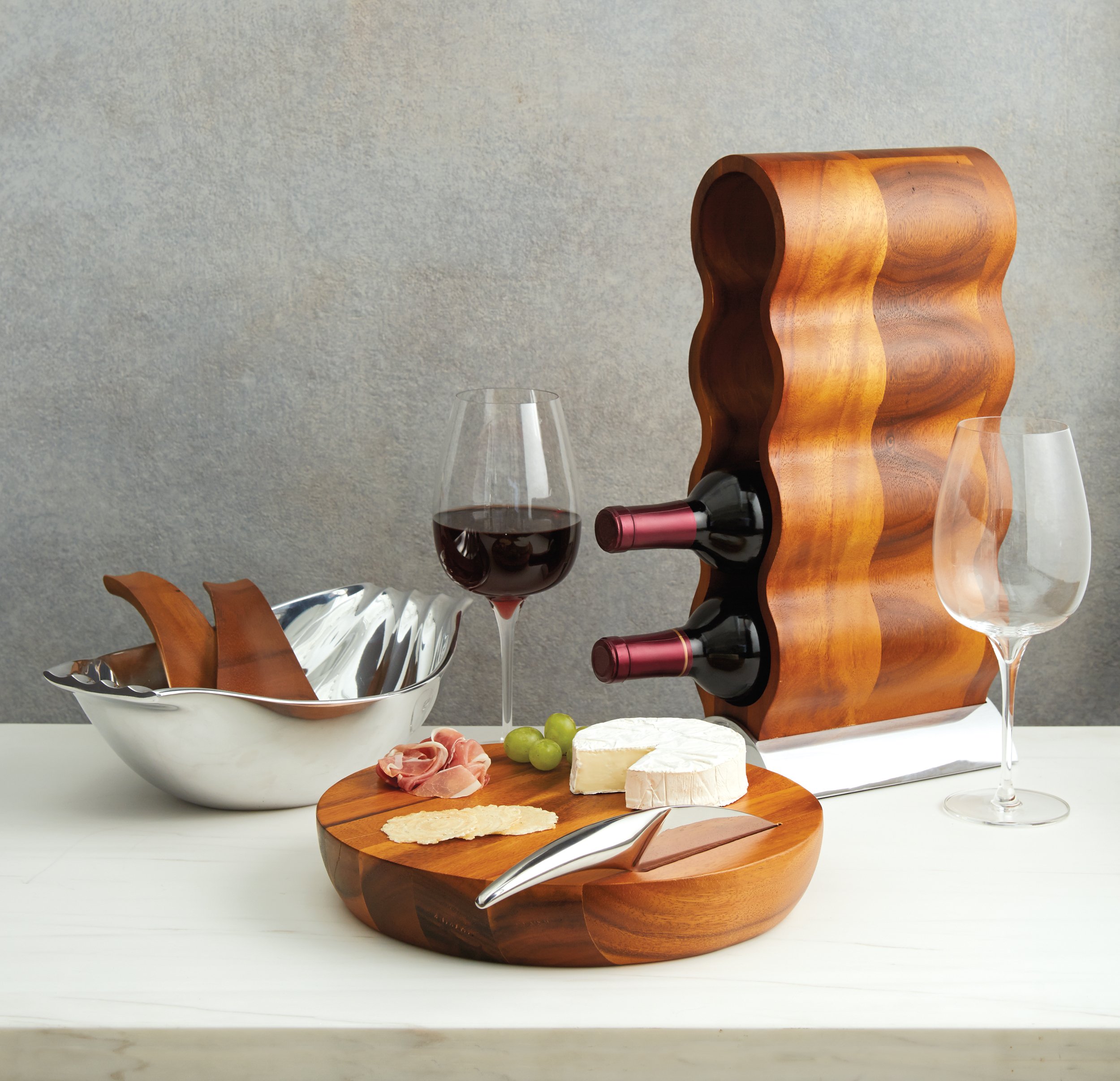 Nambe Curvo Acacia Wood & Silver Alloy Wine Rack - Modern Countertop Wine Bottle Holder for Kitchen, Dining Room & Home Decor - Space-Saving Wine Storage Solution by Steve Cozzolino