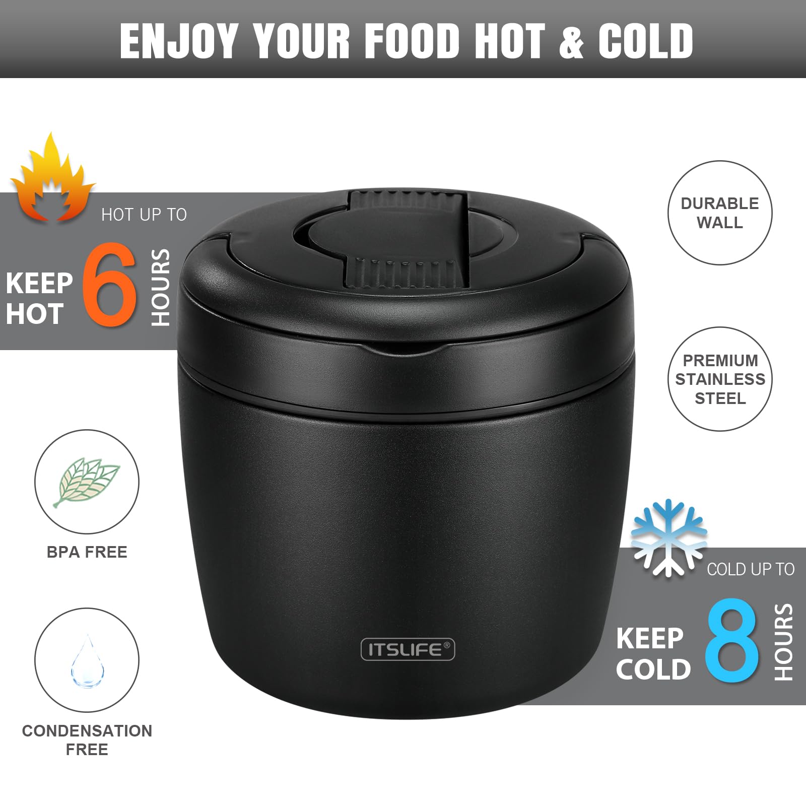 32OZ Vacuum Insulated Stainless Steel Thermos for Hot Soup & Food - Wide Mouth Leakproof Lunch Container with Spoon - Perfect for Office, Picnics & Travel (Black)