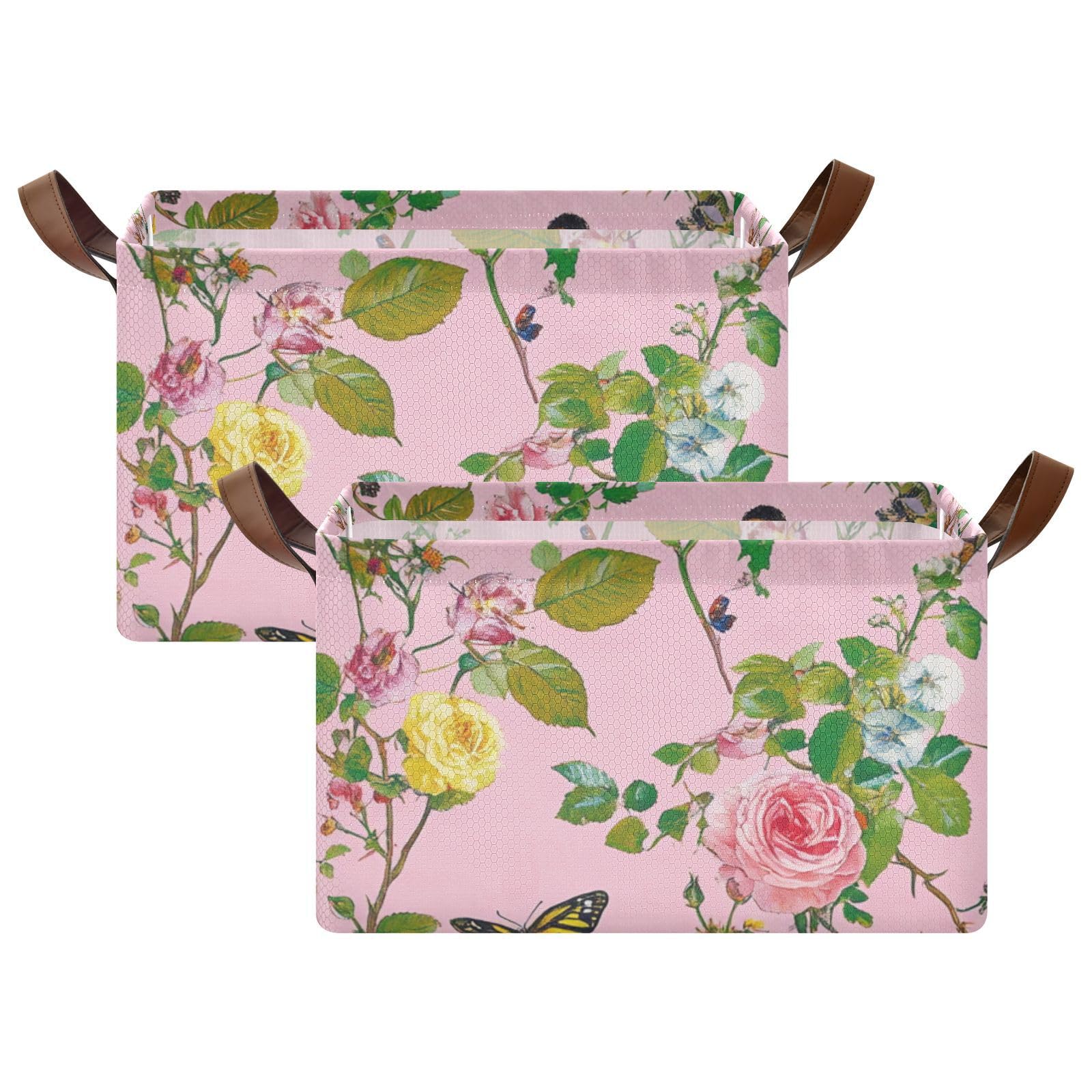 Sweet Rose Peach Flower Large Storage Baskets - 2 Pack Decorative Closet Organizer Bins with Handles for Shelves, Cupboards & Drawers | Perfect for Bedroom, Bathroom & Laundry Room Organization