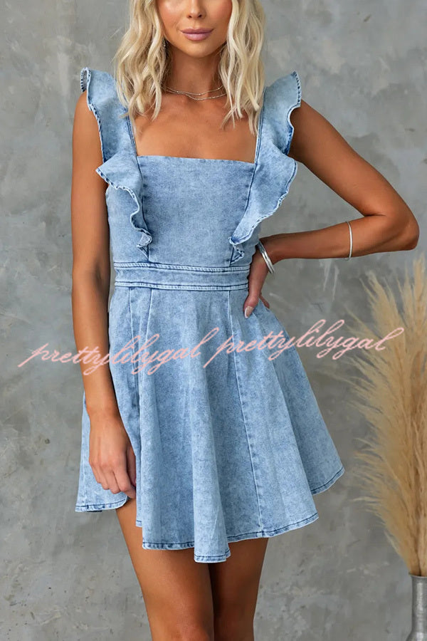 Sweet Secret Women's Denim Square Neck Ruffle Sleeve Stretch Mini Dress - Casual Summer Outfit for Date Night & Beach Vacation