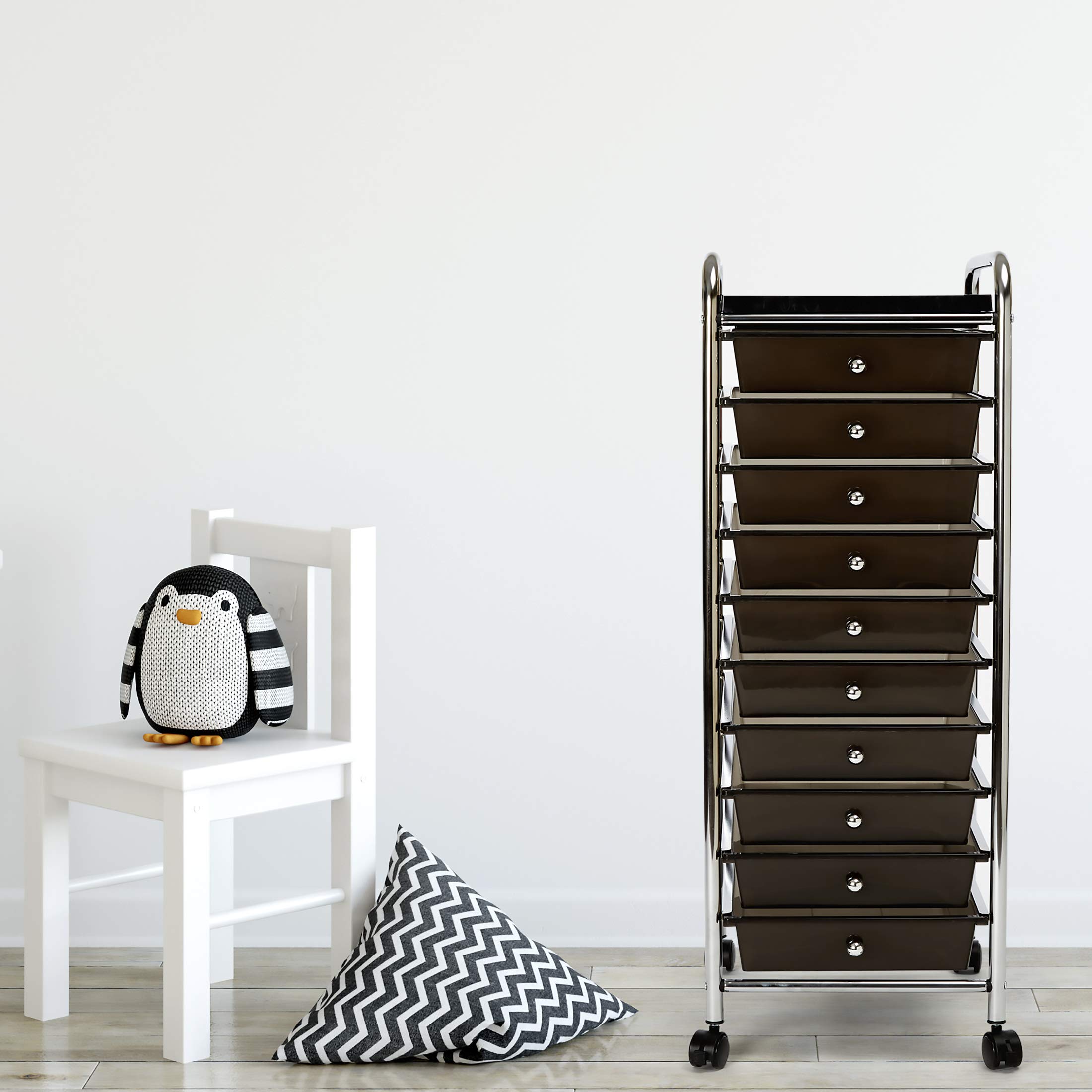 Seville Classics 10-Drawer Mobile Rolling Storage Cart with Utility Tray - Multipurpose Organizer for Home, Office & Garage - Black | Perfect for Craft Supplies, Tools & Closet Organization