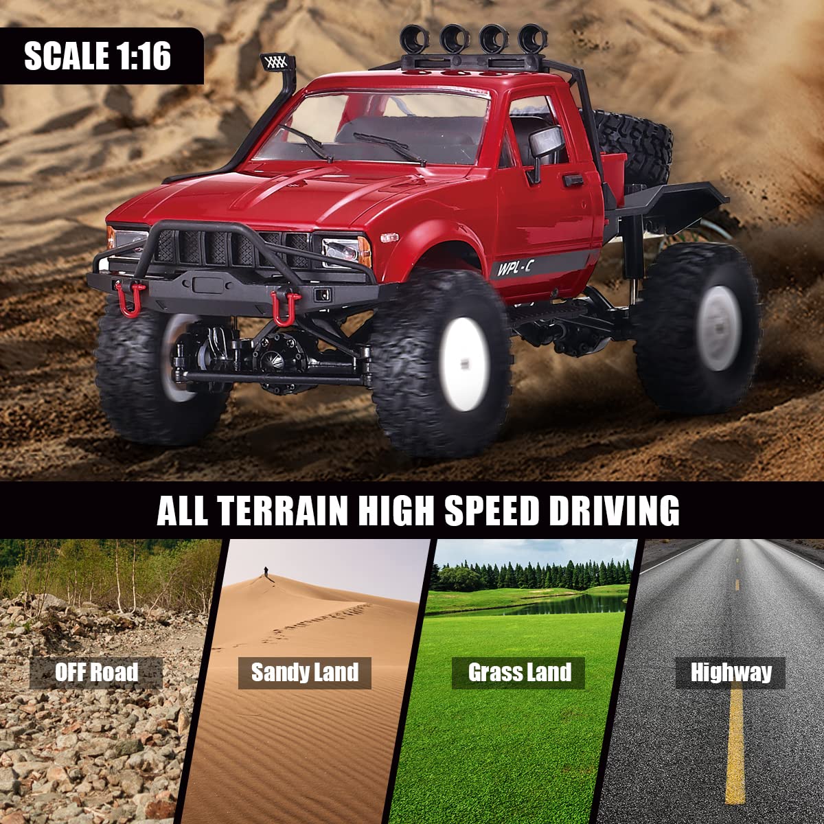 1/16 Scale RC Rock Crawler - WPL C14 4x4 Off-Road Remote Control Truck with LED Lights & 2 Batteries | All Terrain RTR RC Car for Adults & Kids | Outdoor Adventure, Backyard Crawling, Trail Exploration