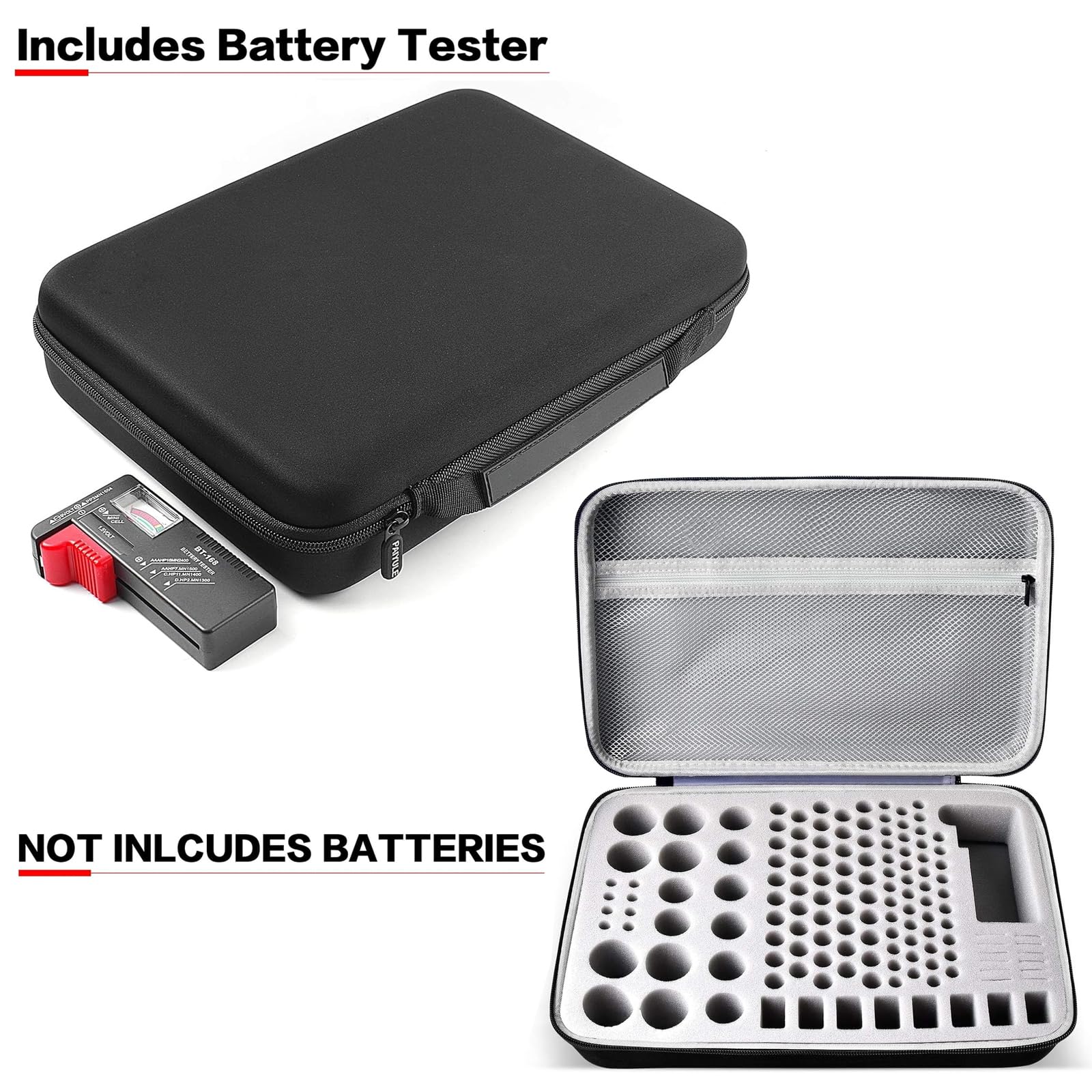 Battery Organizer Storage Box with Tester (BT168) - Holds 140 AA AAA AAAA 9V C D & 3V Lithium Batteries (Batteries Not Included) | Portable Case for Home, Office & Travel Organization
