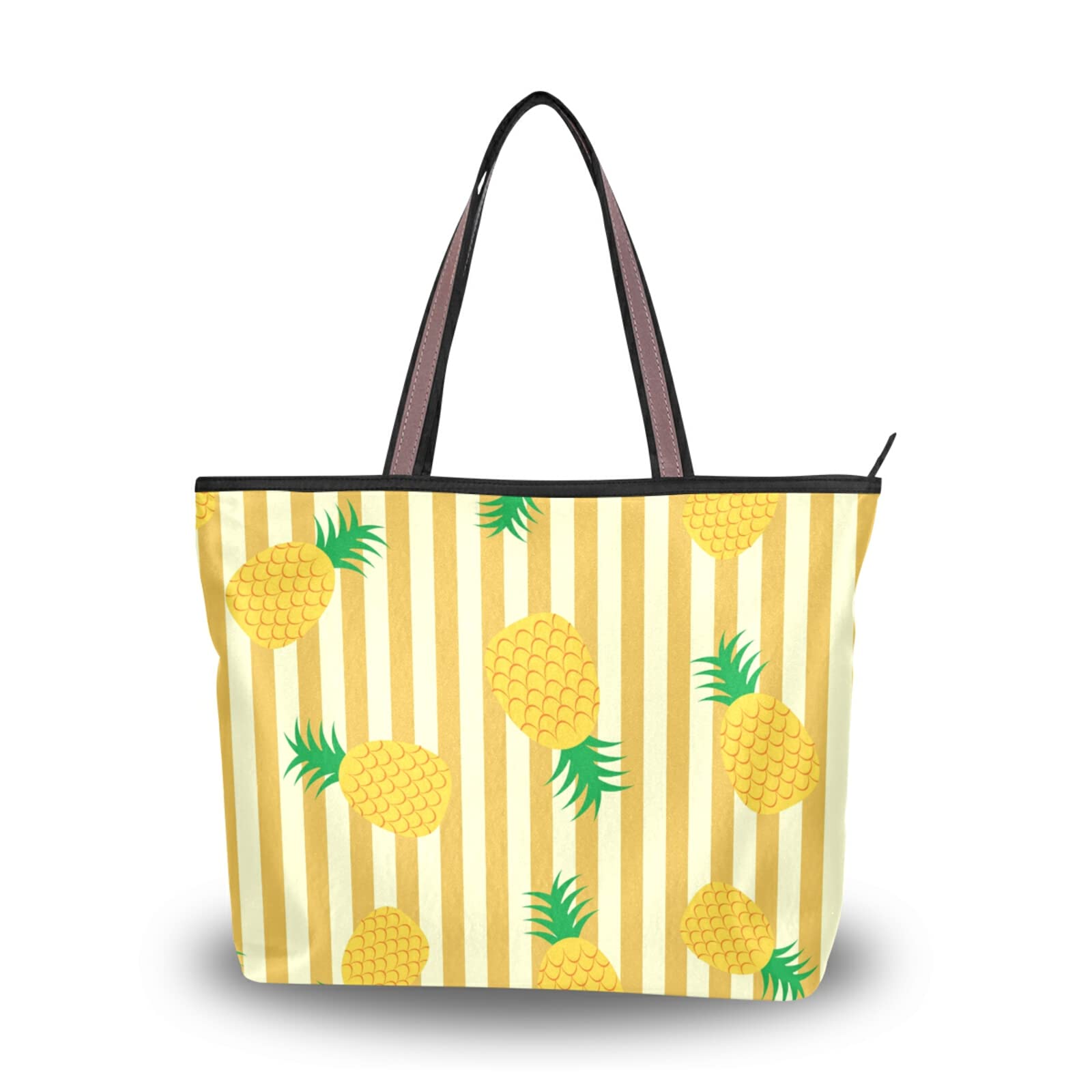 Women's Striped Pineapple Tote Bag - Reusable Zipper Beach Bag for Travel