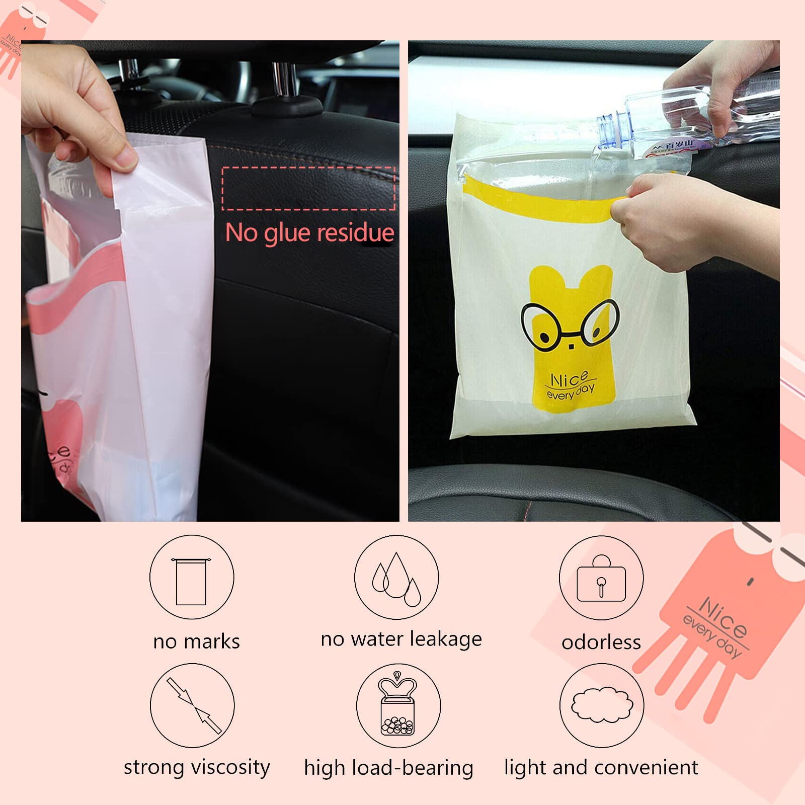 52pcs Disposable Car Trash Bags - Waterproof Leak Proof Self-Adhesive Garbage Bags for Cars, Travel, Office, Home | Portable Vomit Barf Bags for Road Trips, Bedroom, Bathroom & Kitchen Cleaning | Pattern A
