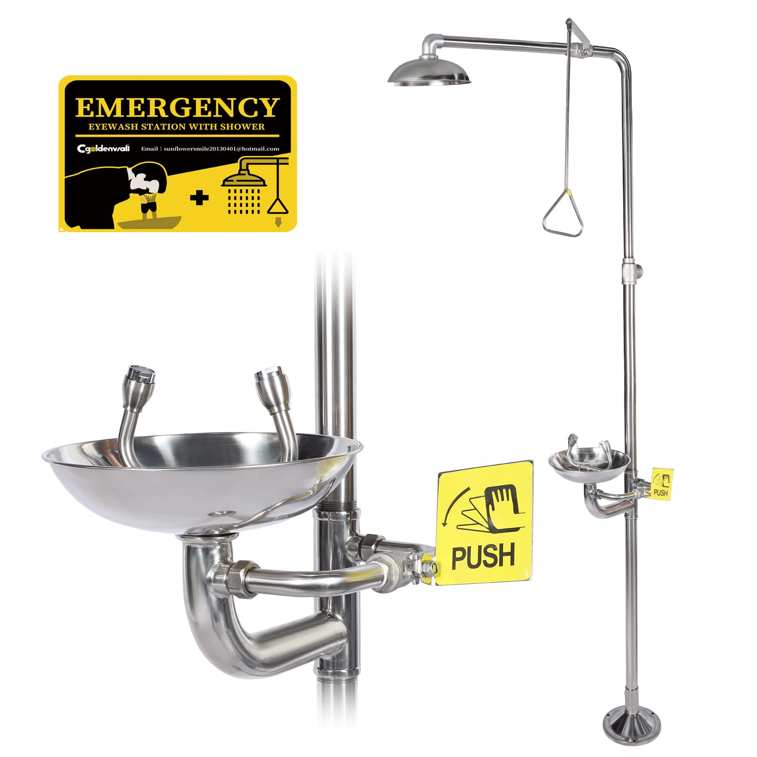 CGOLDENWALL 304 Stainless Steel Emergency Shower & Eyewash Station Combo - ANSI Compliant Safety Equipment with NPT Thread & Eyewash Sign - Ideal for Laboratories, Factories & Chemical Workplaces