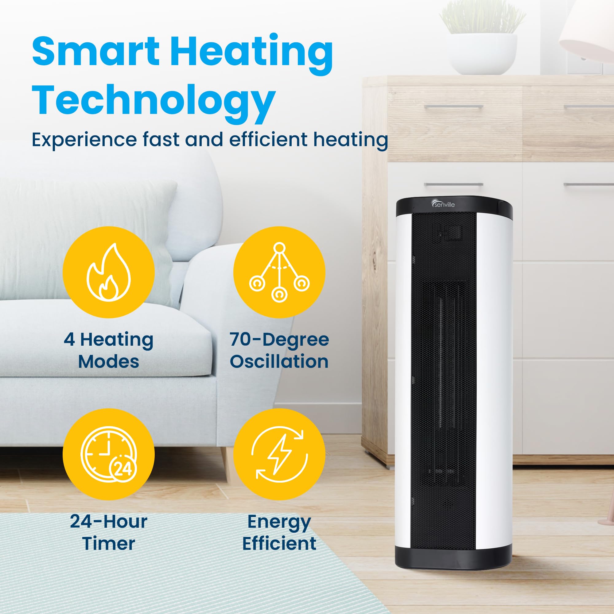 Senville 1500W Electric Ceramic Space Heater with Remote Control & Digital Thermostat - Overheat Protection, Vertical/Horizontal Operation - Perfect for Bedroom, Office & Indoor Heating