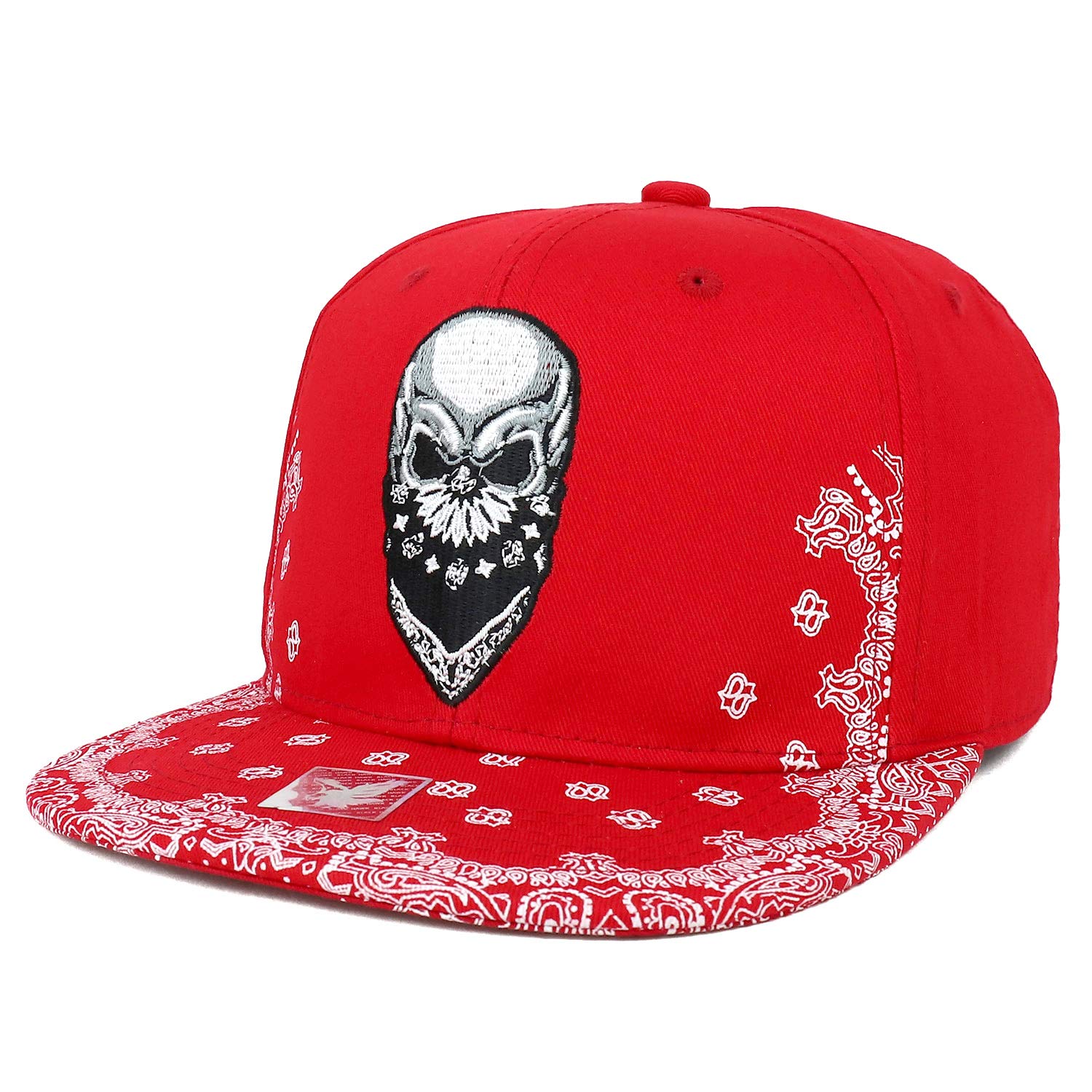 Trendy Skull Bandana Embroidered Paisley Print Flatbill Cap - Gothic Fashion Accessory for Men & Women - Perfect for Concerts, Motorcycle Rides and Streetwear Outfits