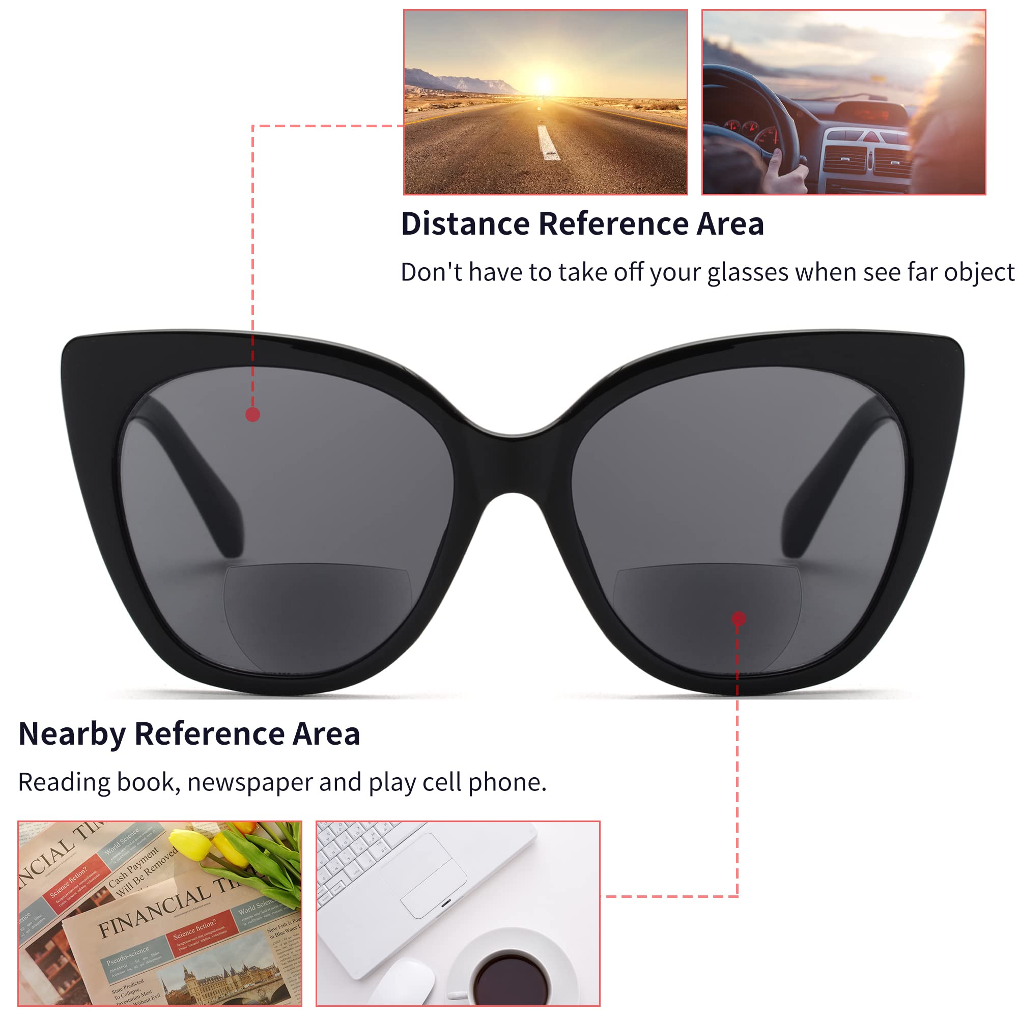 JM Classic Bifold Reading Glasses - Oversized Cat Eye Sunglasses for Women | Stylish Bifocal Readers | Perfect for Reading, Driving & Outdoor Activities
