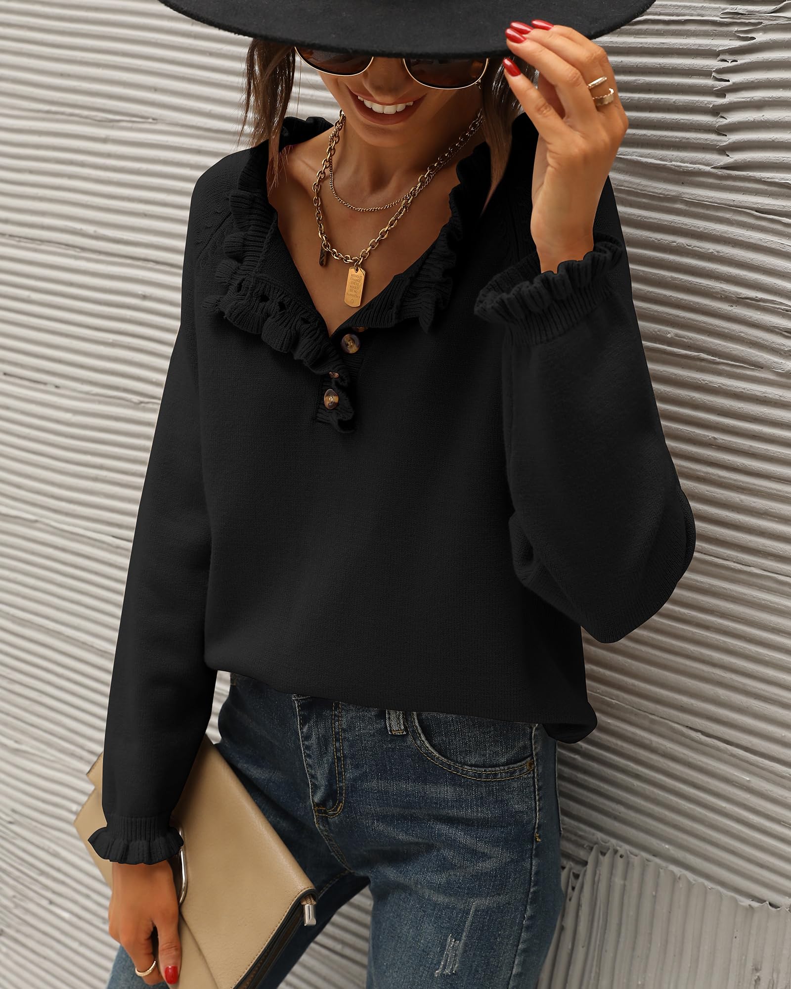 BTFBM Women's Knitted Sweater Long Sleeve Button Down Ruffle Crew Neck Pullover Top for Fall Winter 2025 | Casual Office Wear & Cozy Home Outfit