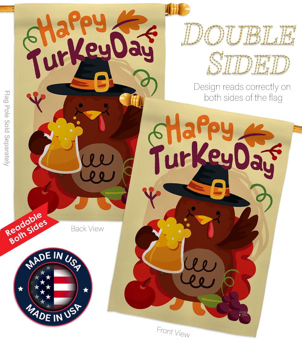 Happy Turkey Day Fall Flag - Thick Fabric Thanksgiving Decor for Home