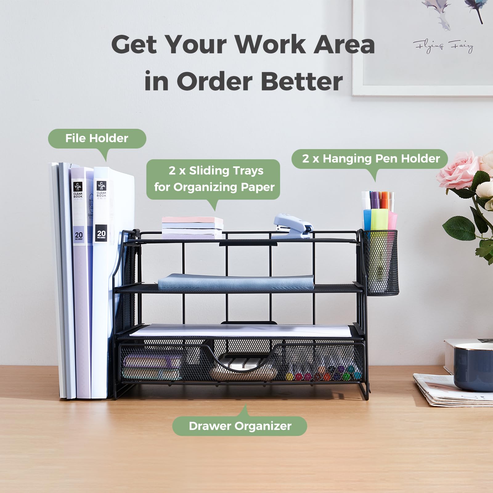 4-Tier Mesh Desk Organizer with Drawer & Vertical File Holder - Office Supplies Storage for Paper, Letters, Documents | Perfect Workspace Accessory for Home & Office Organization