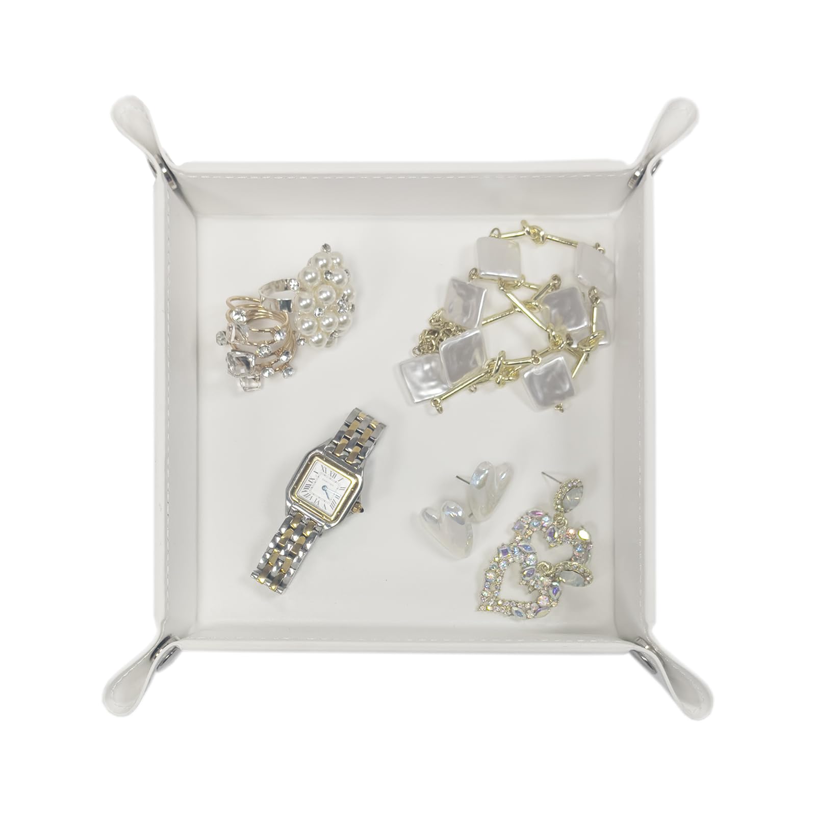 UnionBasic Small Valet Tray - Jewelry Organizer for Rings, Watches & Earrings | Entryway Catchall for Coins, Keys & Change | Nightstand Bedside Organizer | Electronic Gadgets Tray - White | Perfect for Home Décor & Gift Giving