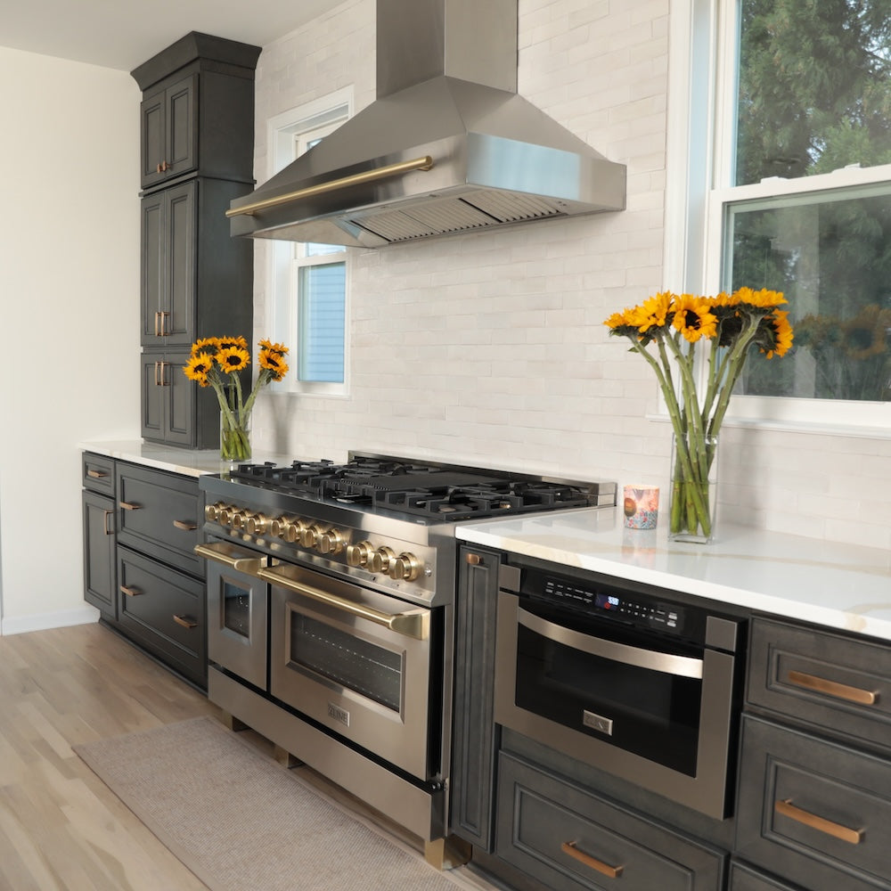 ZLINE Autograph Edition 48 Inch Stainless Steel Range Hood with Champagne Bronze Handle - Professional Kitchen Ventilation for Modern Homes (8654STZ 48 CB) - Perfect for Gourmet Cooking and Open-Concept Kitchens